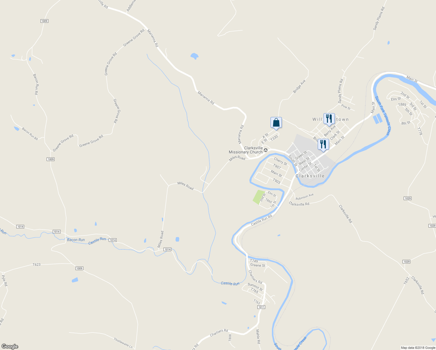 map of restaurants, bars, coffee shops, grocery stores, and more near 284 Miles Road in Clarksville