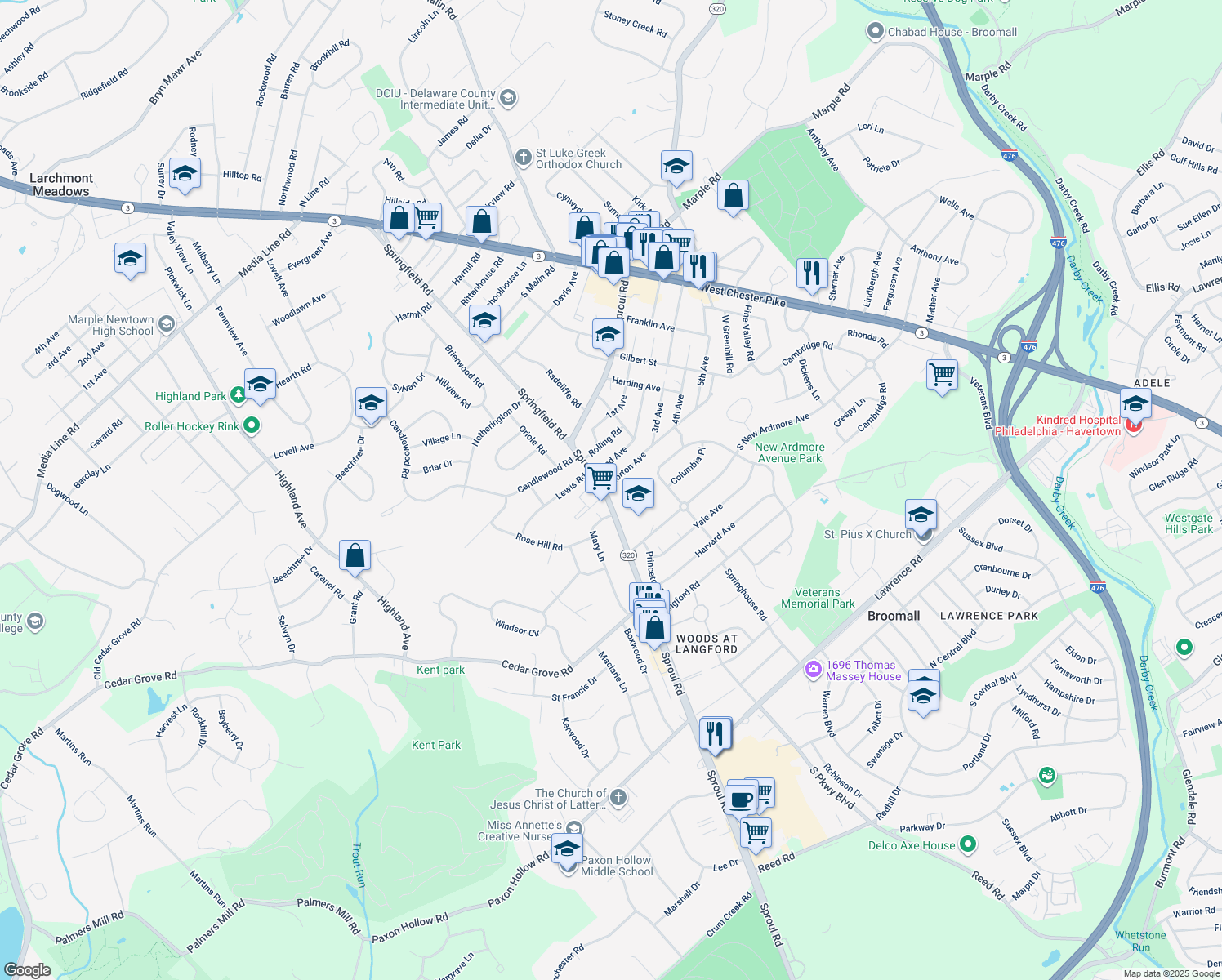 map of restaurants, bars, coffee shops, grocery stores, and more near 2235 Sproul Road in Broomall
