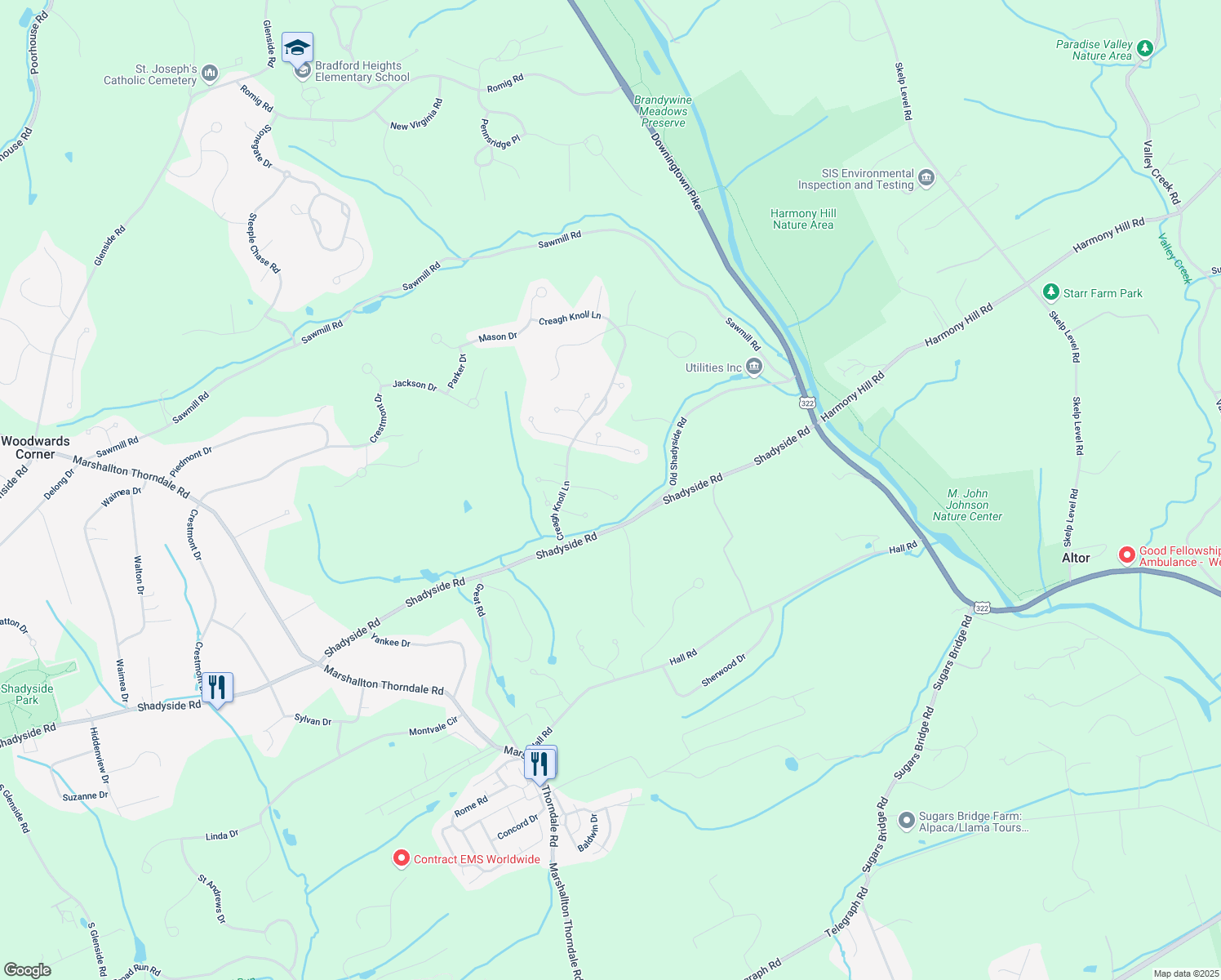 map of restaurants, bars, coffee shops, grocery stores, and more near 1119 New Hampshire Lane in Chester County