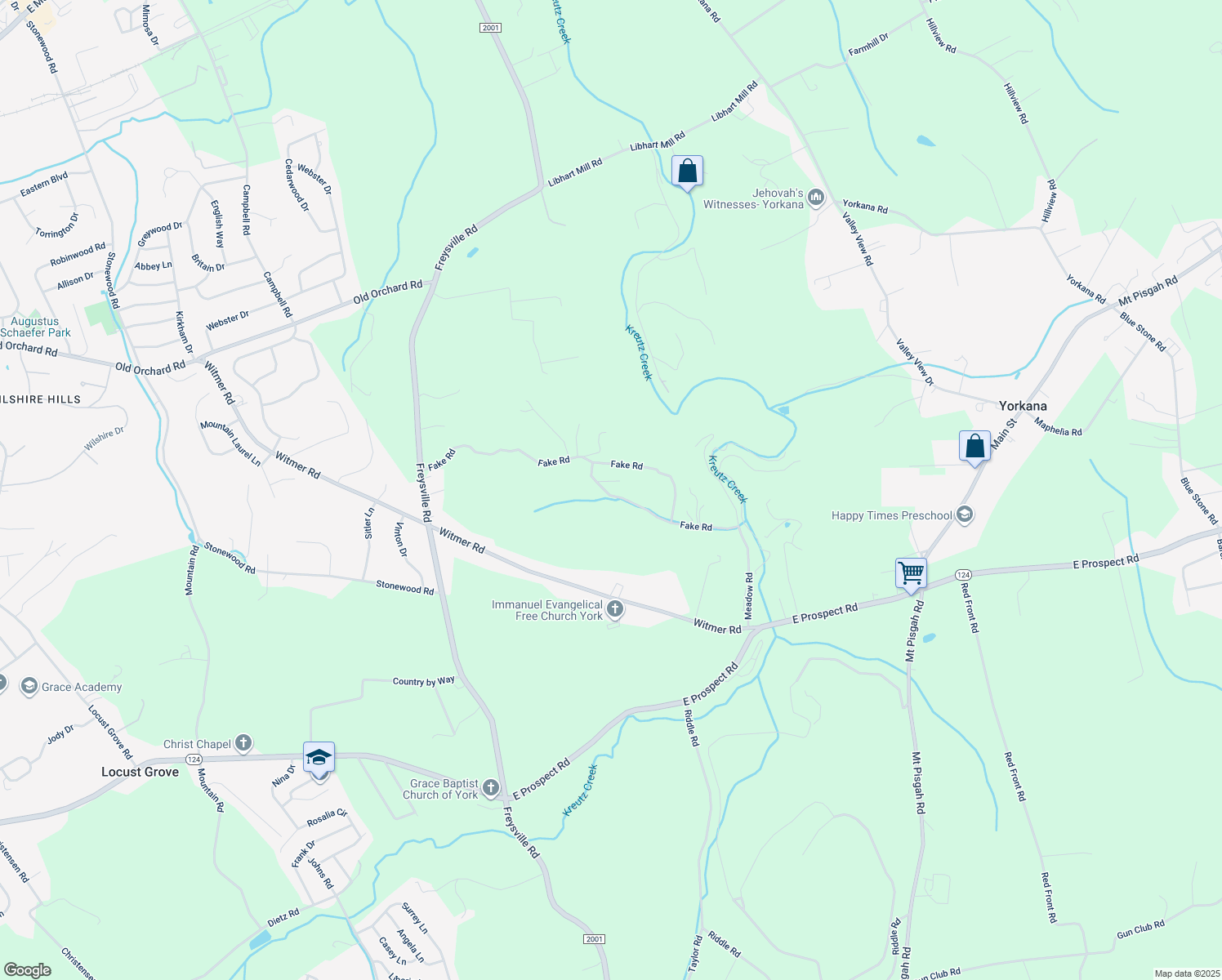 map of restaurants, bars, coffee shops, grocery stores, and more near 4745 Fake Rd in York