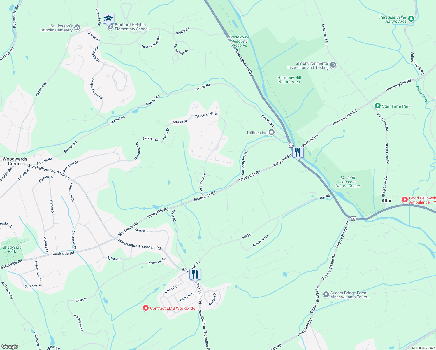 map of restaurants, bars, coffee shops, grocery stores, and more near 1119 New Hampshire Lane in Chester County