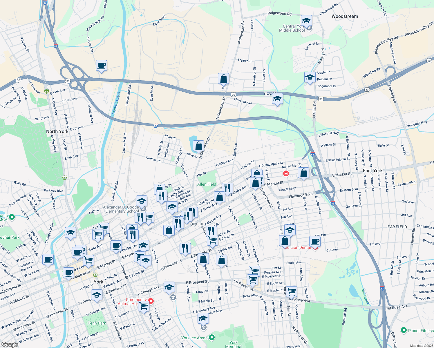 map of restaurants, bars, coffee shops, grocery stores, and more near 212 North Albemarle Street in York