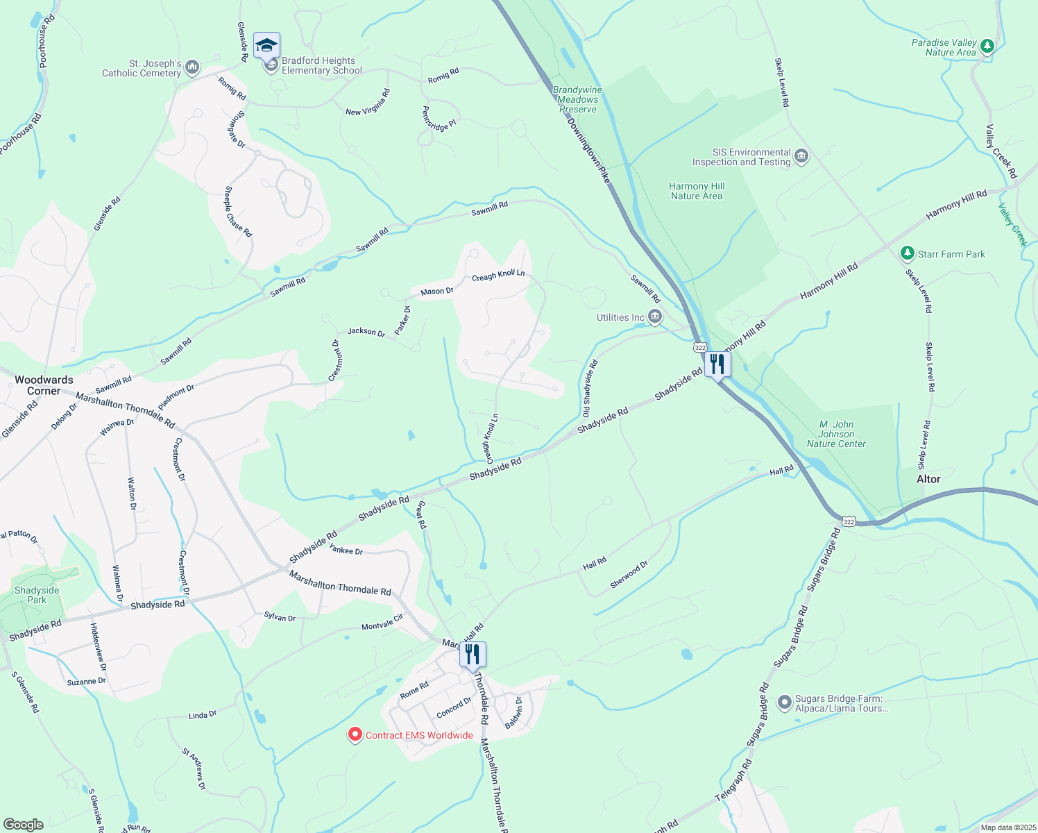 map of restaurants, bars, coffee shops, grocery stores, and more near 1115 New Hampshire Lane in Chester County