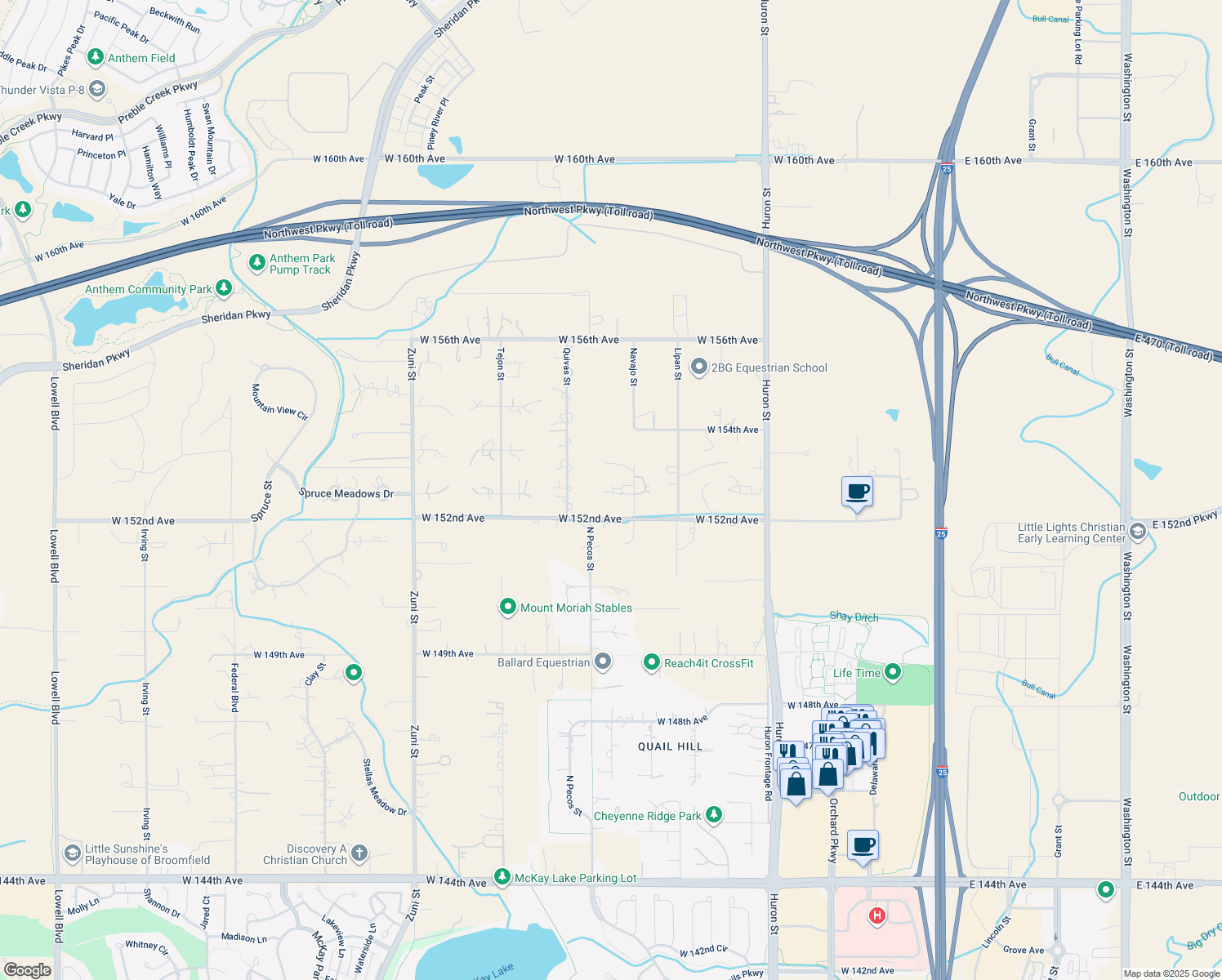 map of restaurants, bars, coffee shops, grocery stores, and more near 15269 Navajo Street in Broomfield