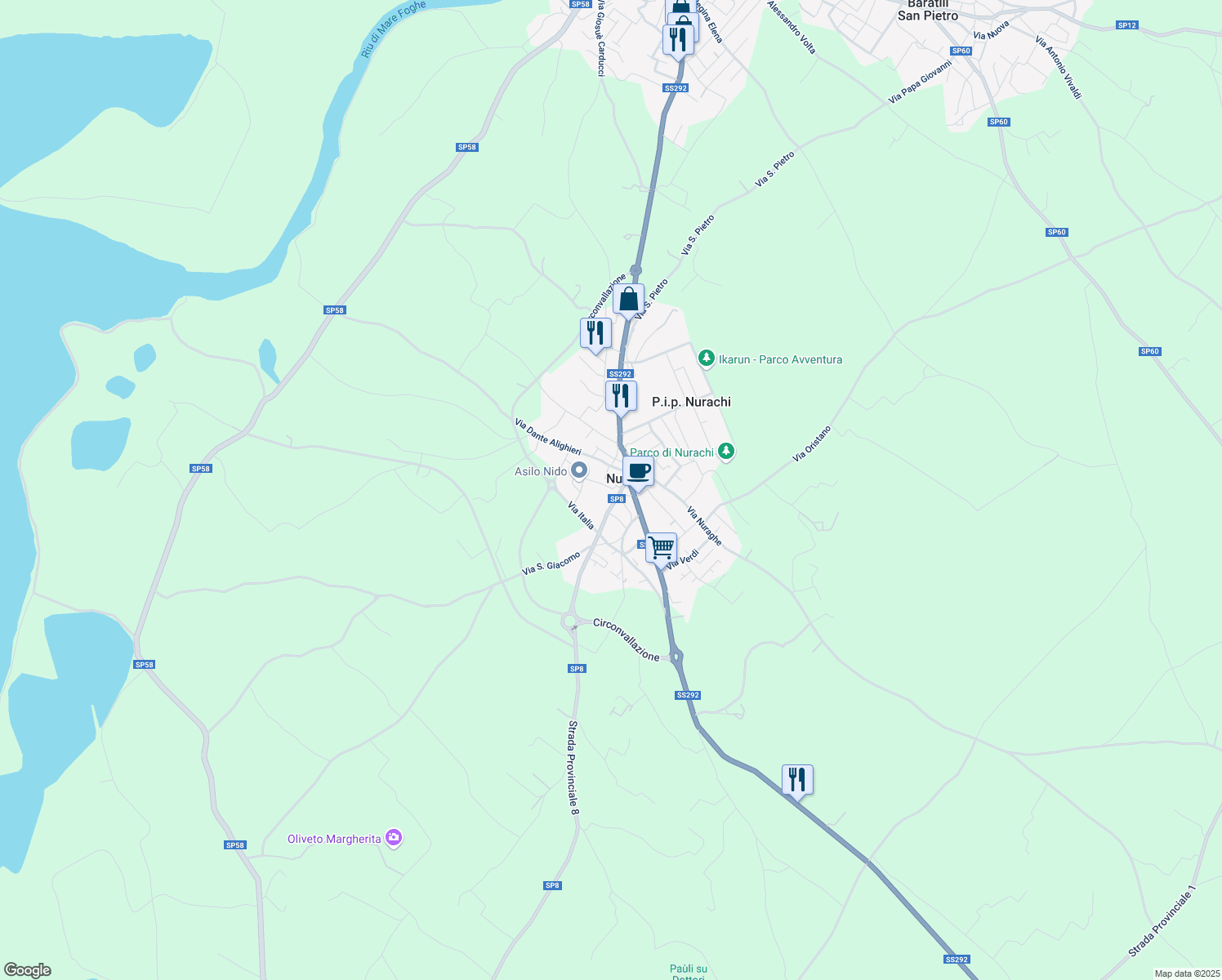 map of restaurants, bars, coffee shops, grocery stores, and more near 9 Via Nuoro in Nurachi