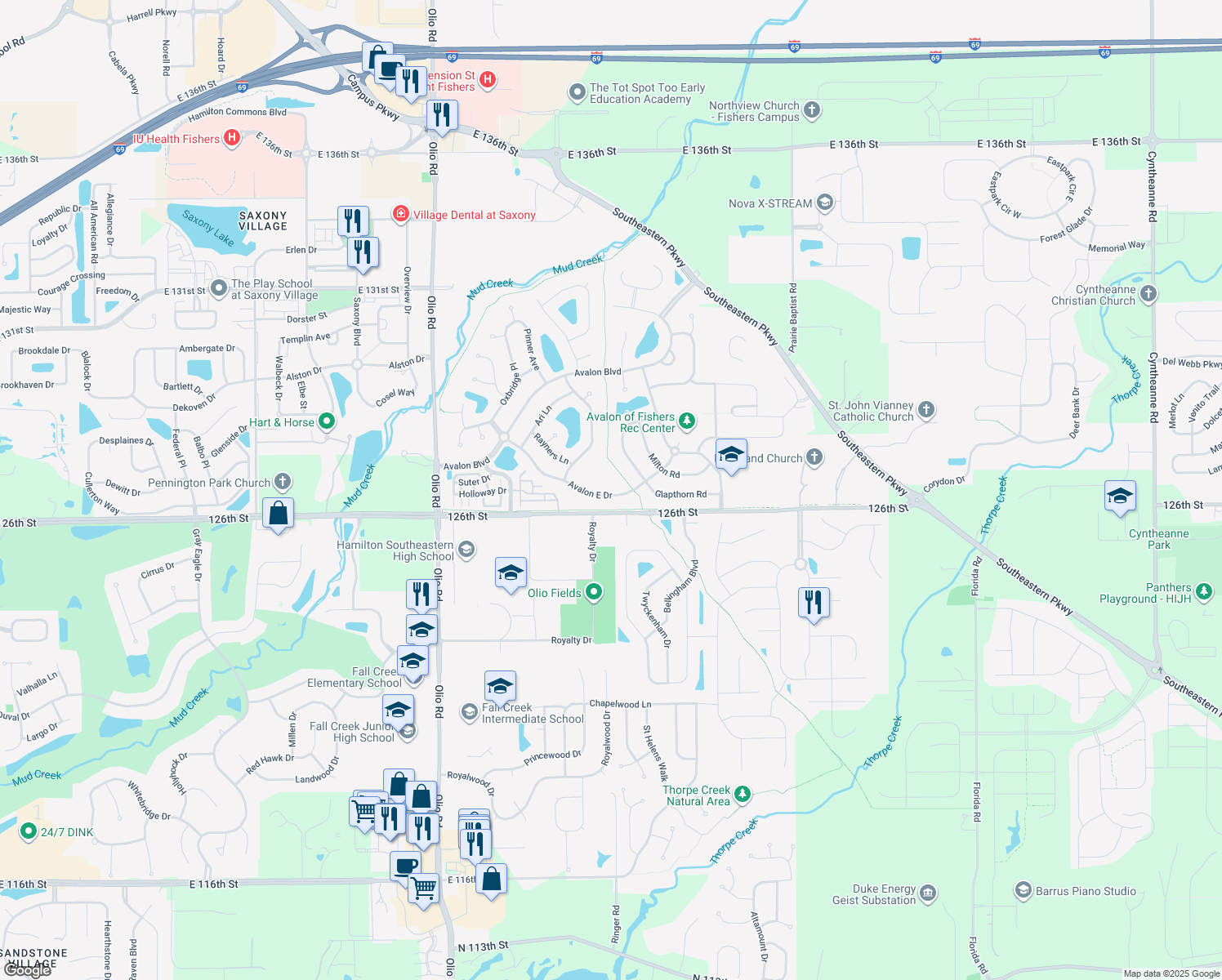 map of restaurants, bars, coffee shops, grocery stores, and more near 14146 Avalon East Drive in Fishers