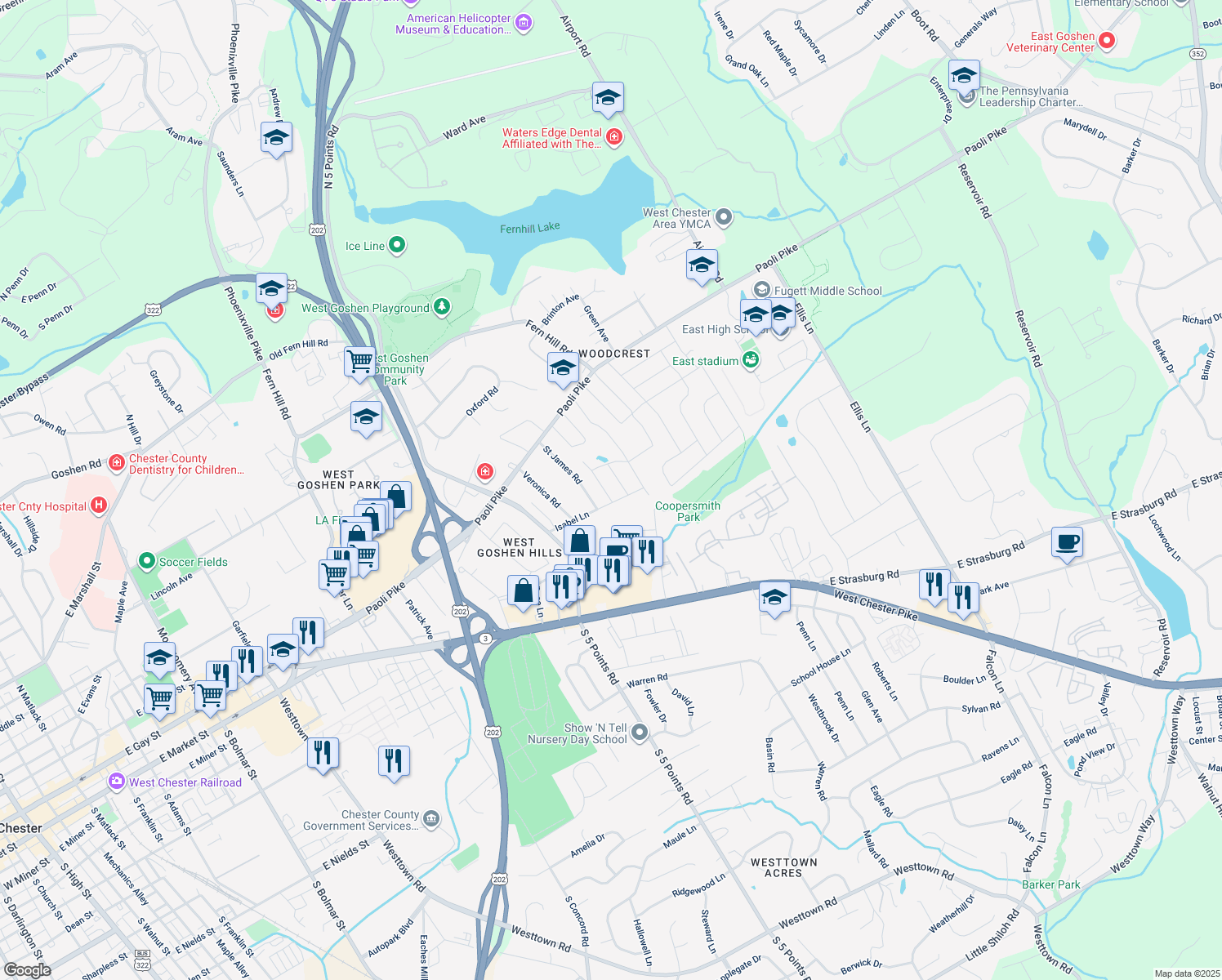 map of restaurants, bars, coffee shops, grocery stores, and more near 323 Wellington Road in West Chester