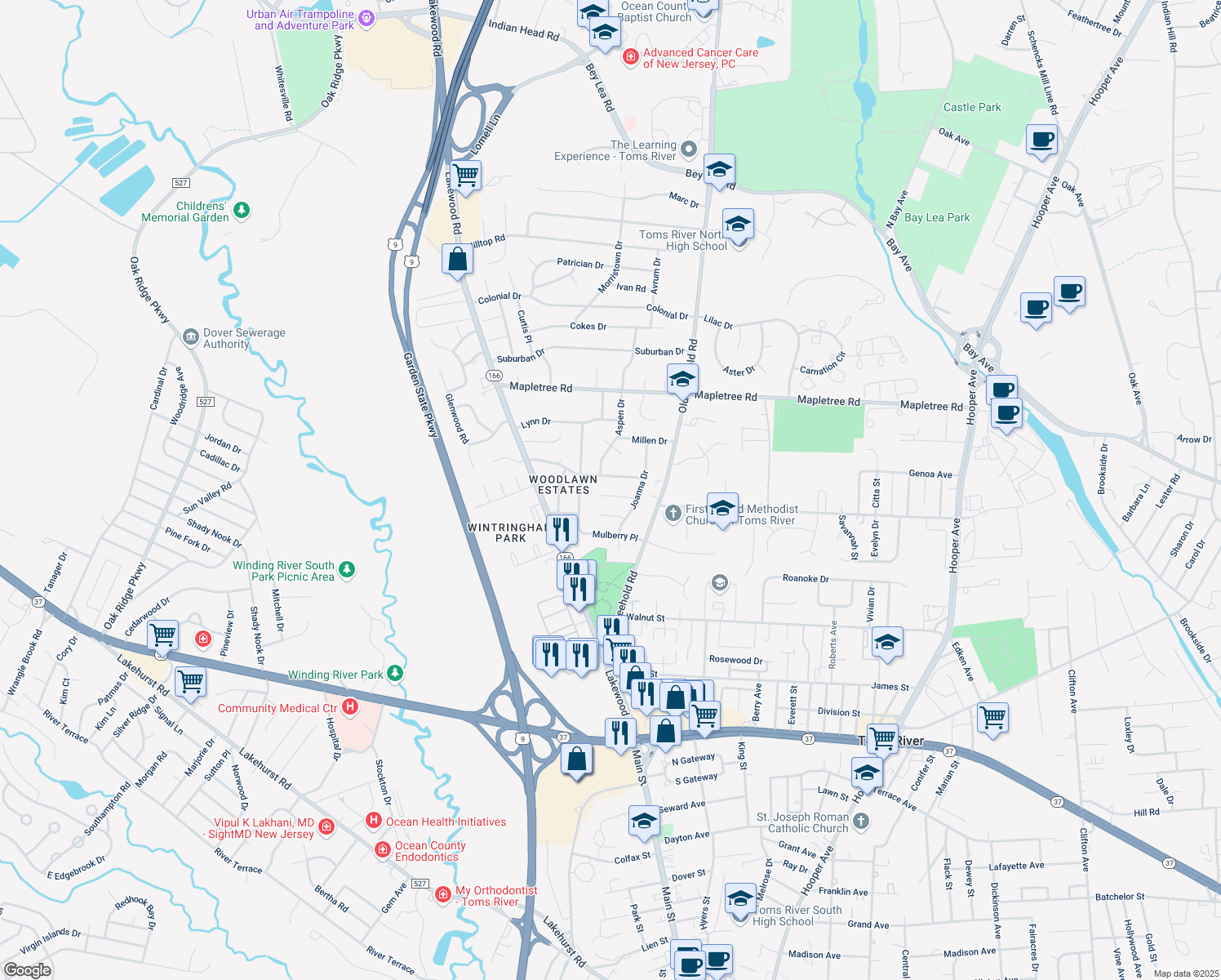 map of restaurants, bars, coffee shops, grocery stores, and more near 62 Theresa Court in Toms River