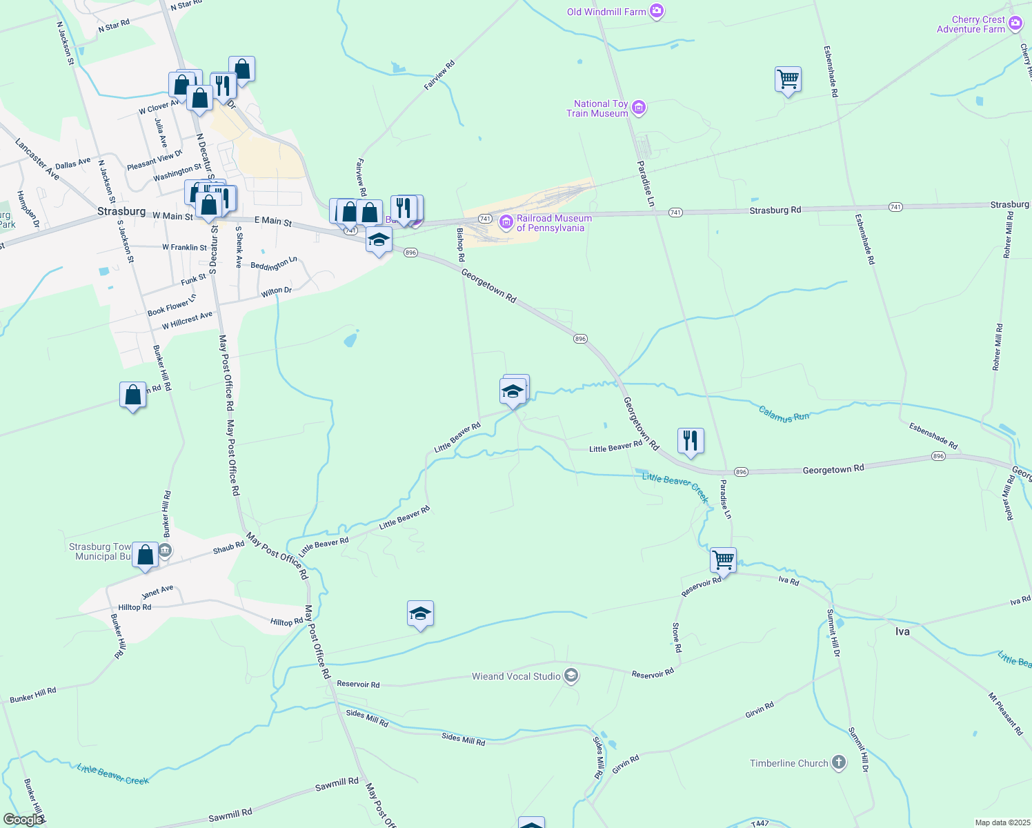 map of restaurants, bars, coffee shops, grocery stores, and more near 43 Little Beaver Rd in Strasburg