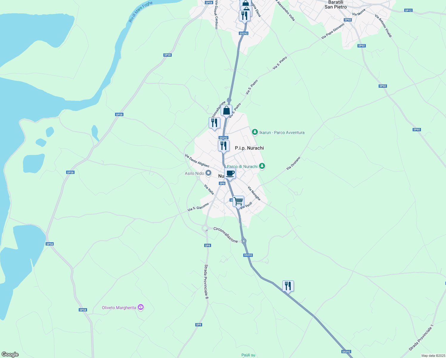 map of restaurants, bars, coffee shops, grocery stores, and more near 9 Via Nuoro in Nurachi