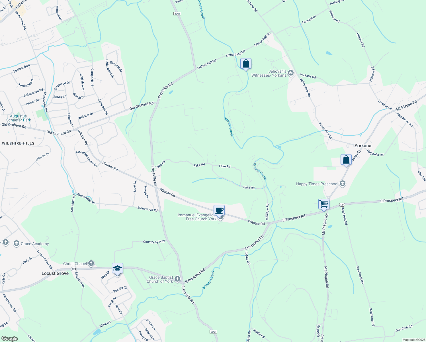 map of restaurants, bars, coffee shops, grocery stores, and more near 4745 Fake Rd in York