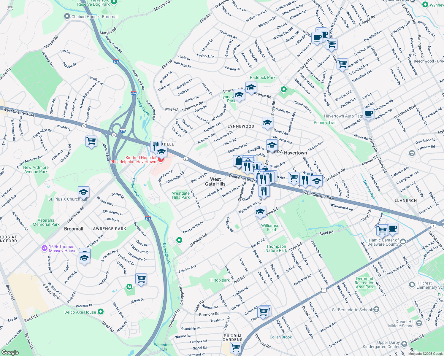 map of restaurants, bars, coffee shops, grocery stores, and more near 112 Ivy Rock Lane in Havertown