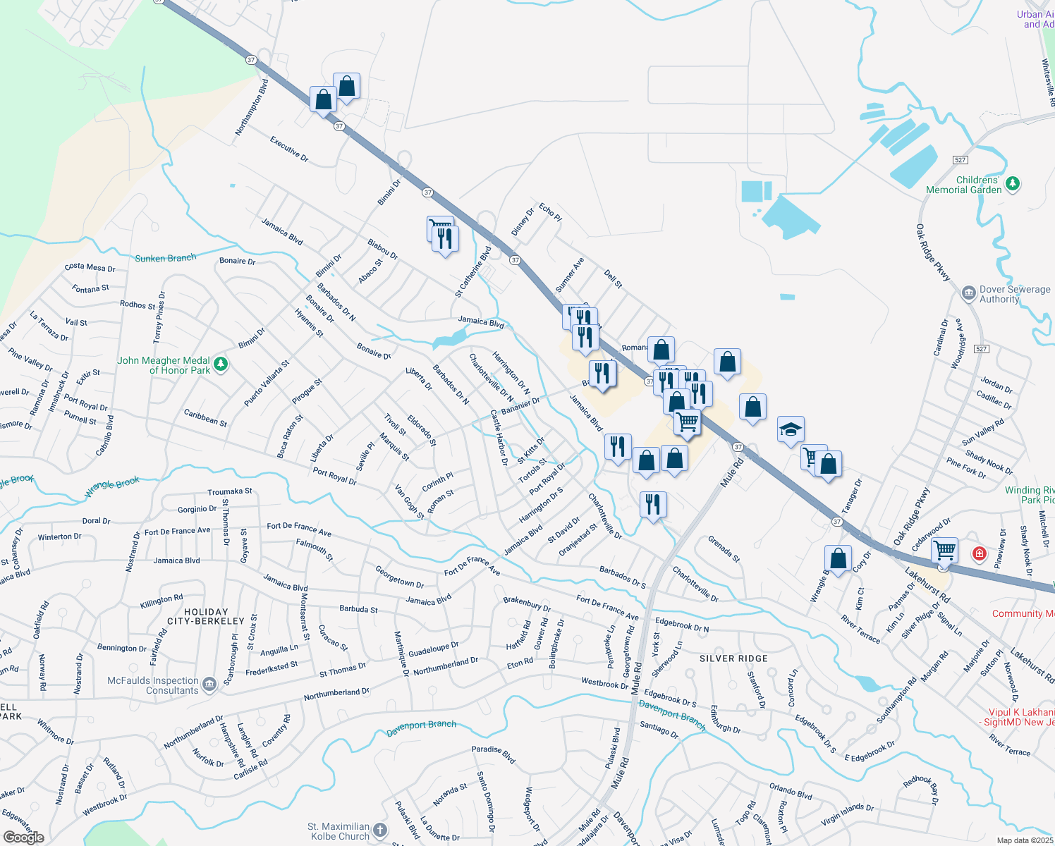 map of restaurants, bars, coffee shops, grocery stores, and more near 214 Charlotteville Drive North in Toms River