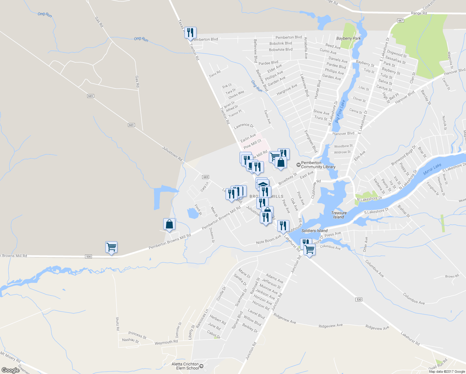 map of restaurants, bars, coffee shops, grocery stores, and more near 7 Crescent Drive in Pemberton Township