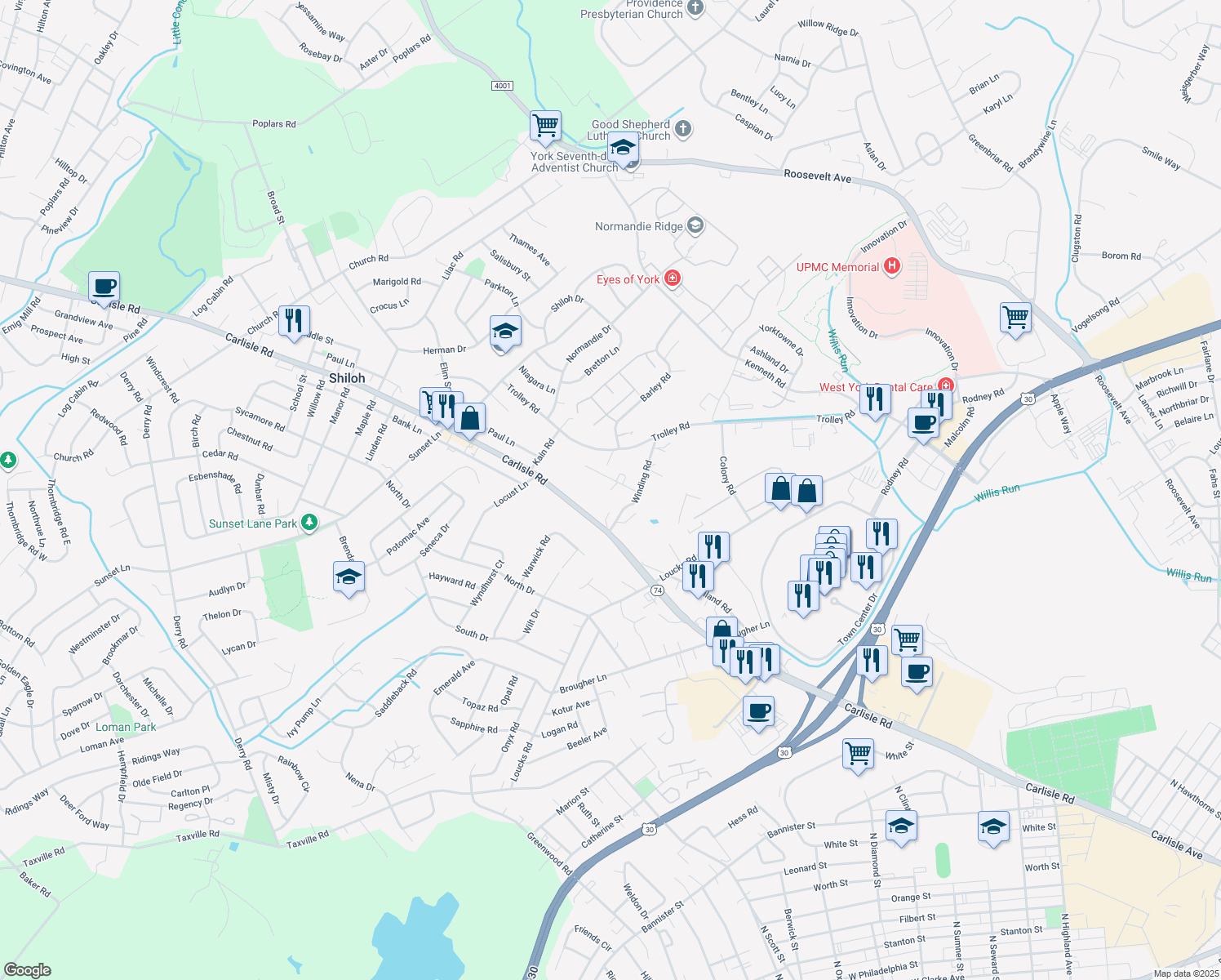 map of restaurants, bars, coffee shops, grocery stores, and more near 1758 Spring Street in York