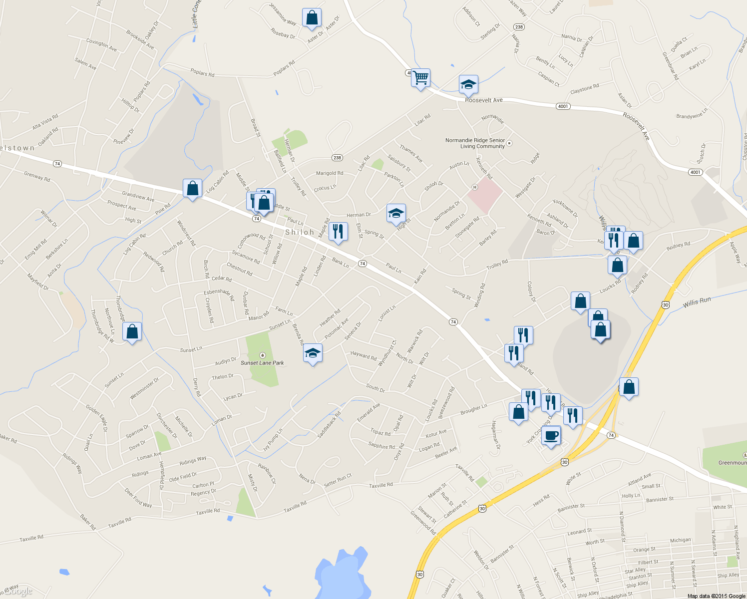 map of restaurants, bars, coffee shops, grocery stores, and more near 2290 Seneca Drive in York
