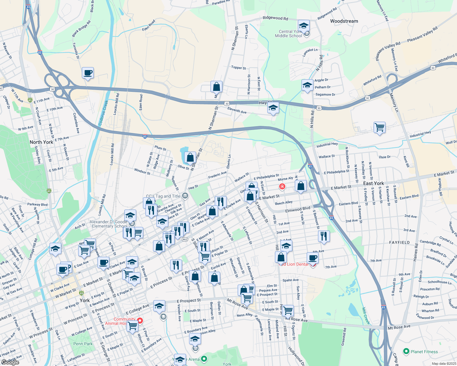 map of restaurants, bars, coffee shops, grocery stores, and more near 209 Eberts Lane in York