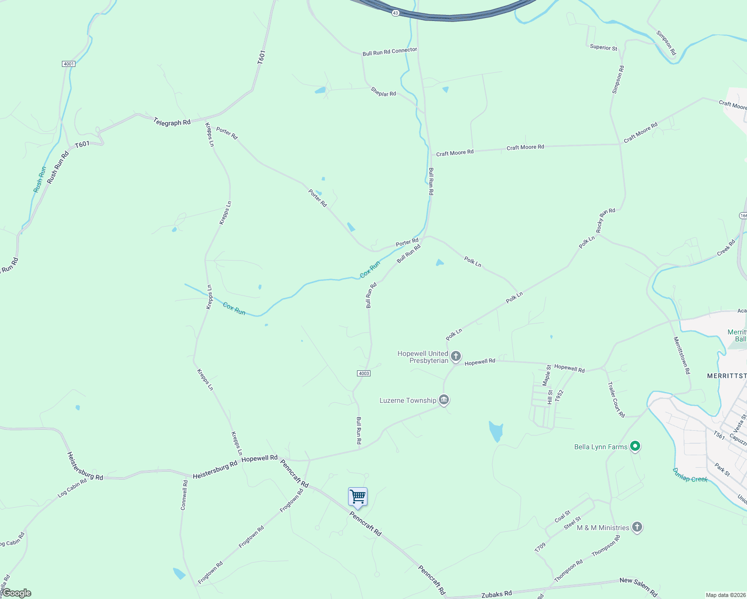 map of restaurants, bars, coffee shops, grocery stores, and more near 736-740 State Route 4003 in Brownsville