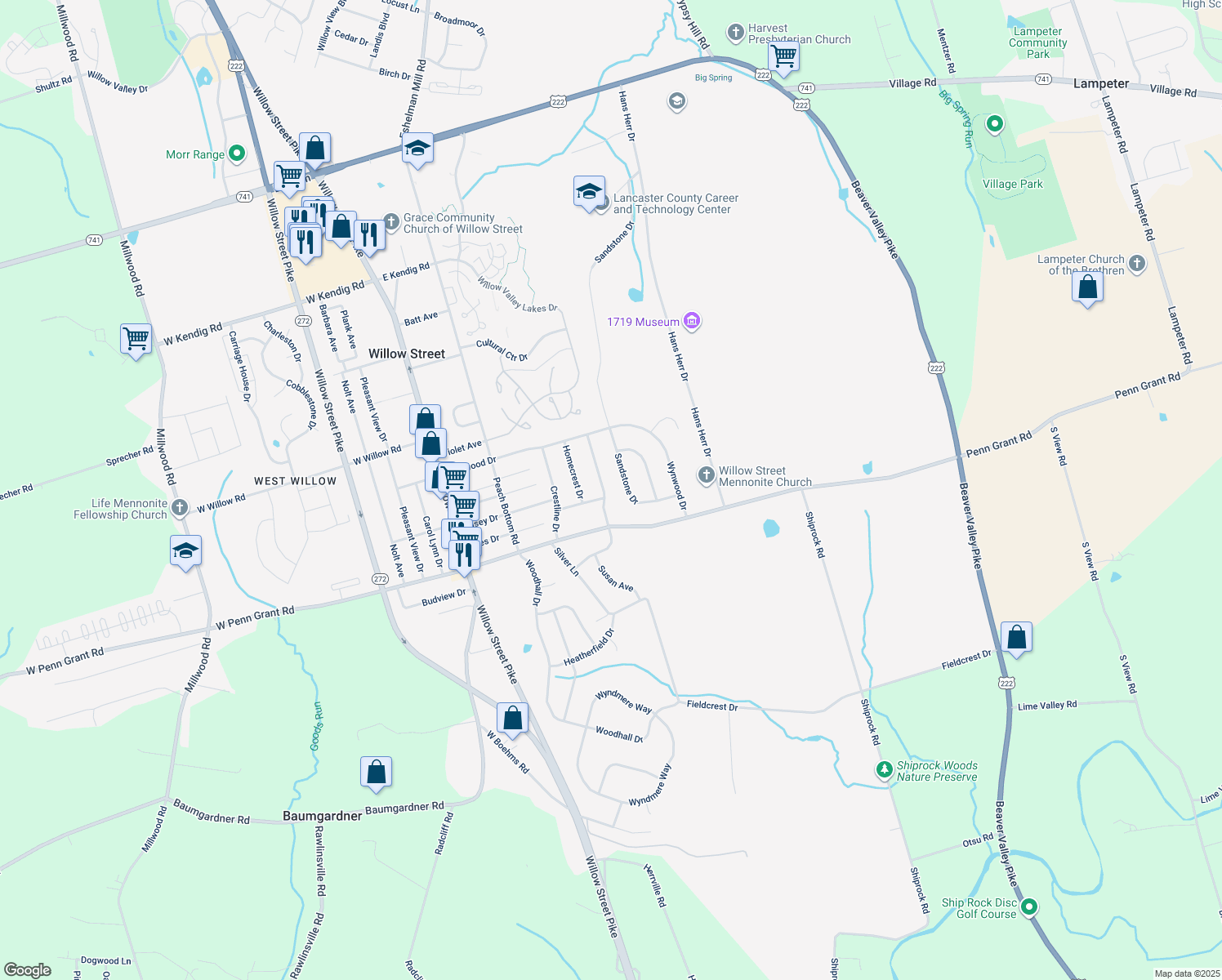 map of restaurants, bars, coffee shops, grocery stores, and more near 329 Edgemont Drive in Willow Street