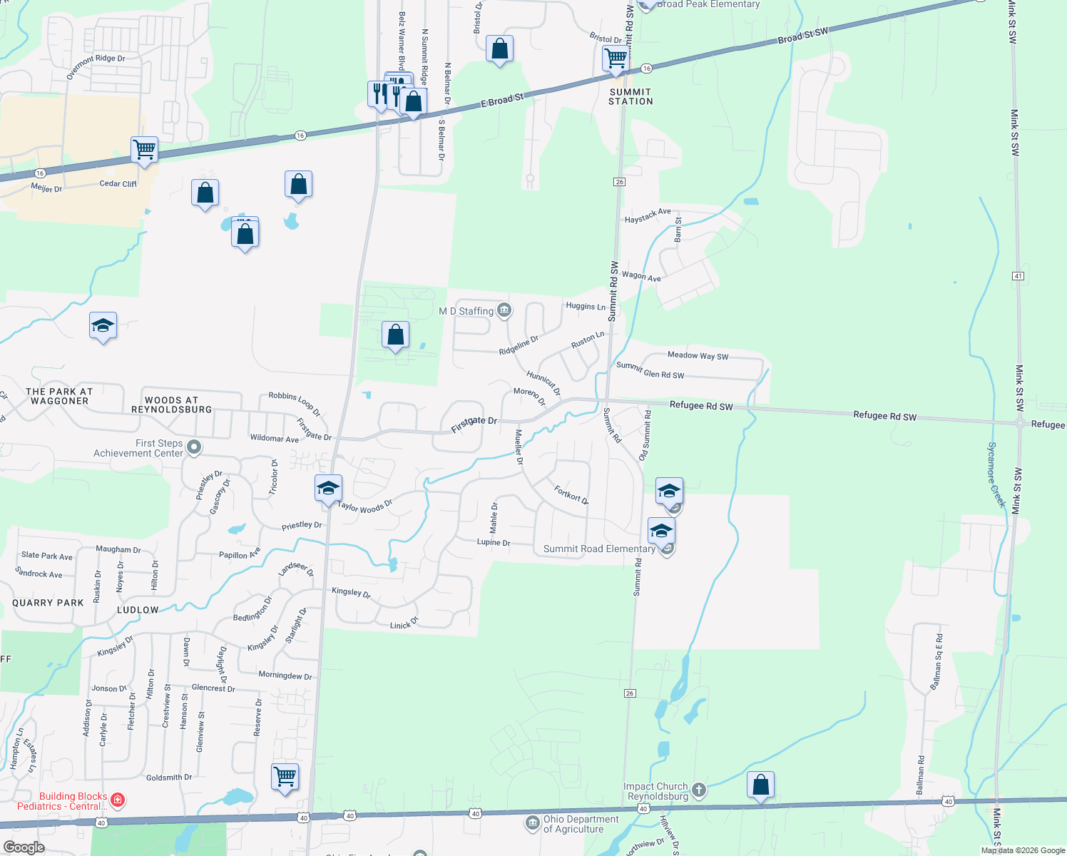 map of restaurants, bars, coffee shops, grocery stores, and more near 9115 Firstgate Drive in Reynoldsburg