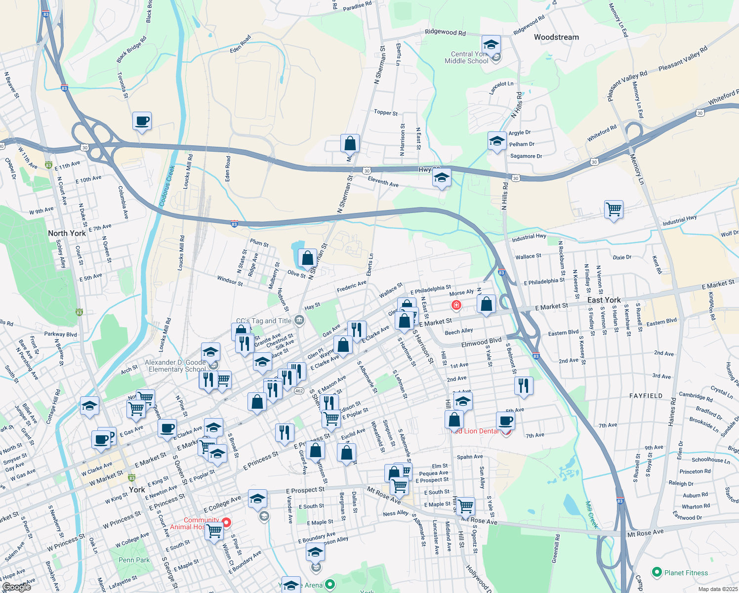 map of restaurants, bars, coffee shops, grocery stores, and more near 217 Eberts Lane in York