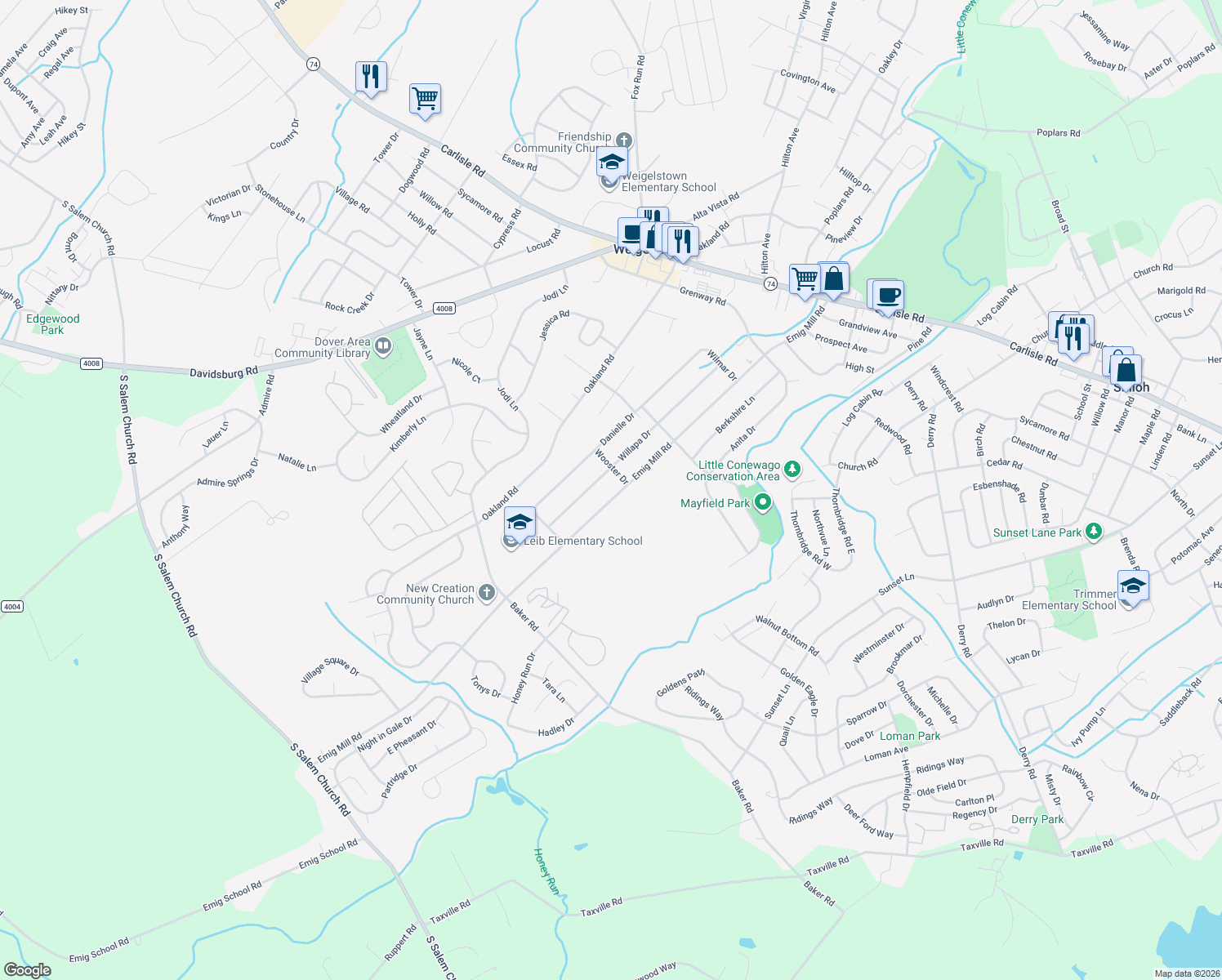 map of restaurants, bars, coffee shops, grocery stores, and more near 2713 Emig Mill Road in Dover