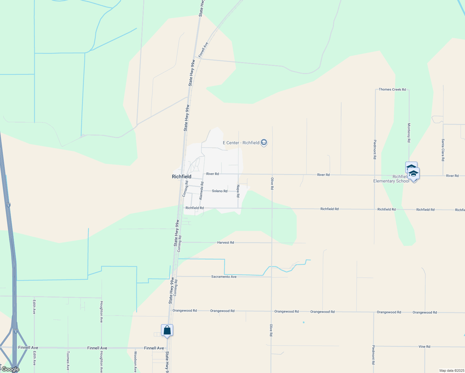 map of restaurants, bars, coffee shops, grocery stores, and more near 23222 Solano Road in Corning