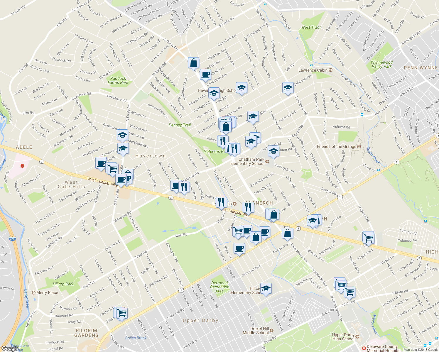 map of restaurants, bars, coffee shops, grocery stores, and more near 819 Woodland Drive in Havertown