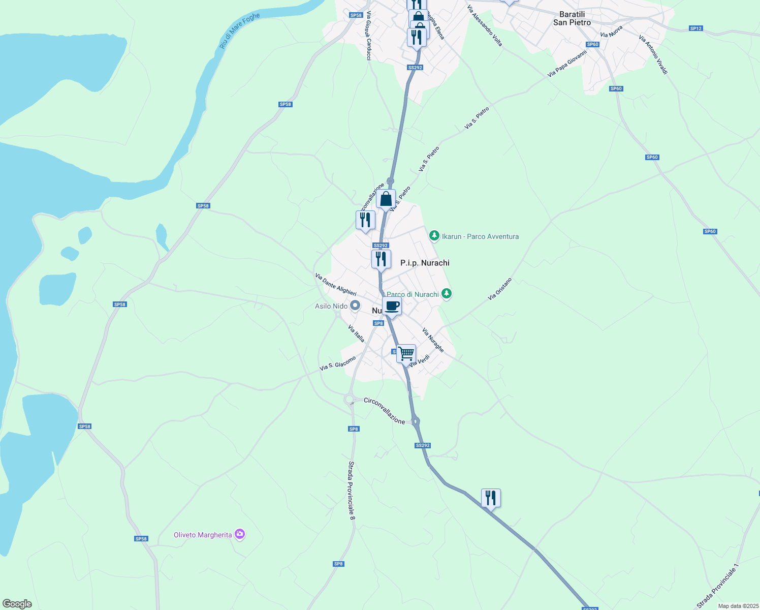 map of restaurants, bars, coffee shops, grocery stores, and more near 9 Via Nuoro in Nurachi
