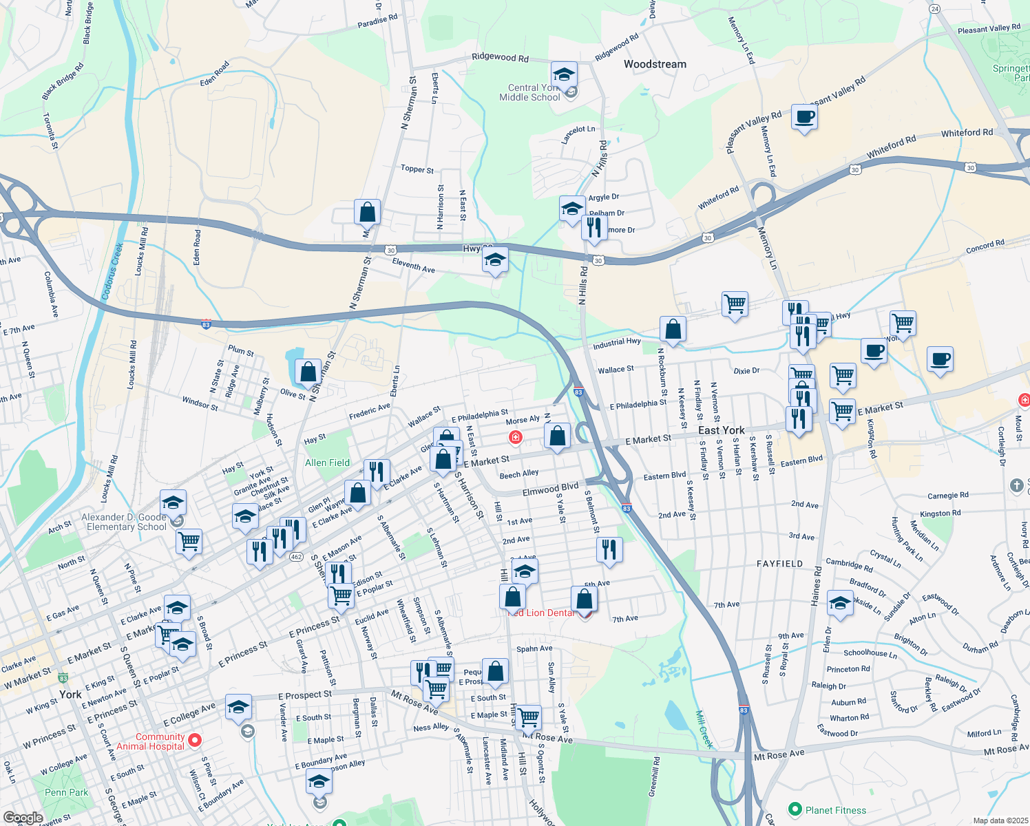 map of restaurants, bars, coffee shops, grocery stores, and more near 1492 East Philadelphia Street in York