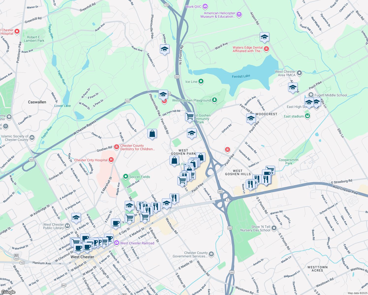 map of restaurants, bars, coffee shops, grocery stores, and more near 911 Lincoln Avenue in West Chester