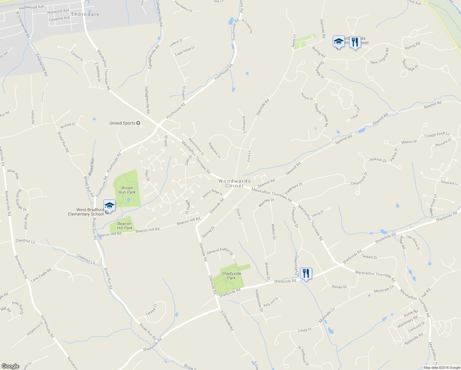 map of restaurants, bars, coffee shops, grocery stores, and more near 1300 Marshallton Thorndale Road in Chester County