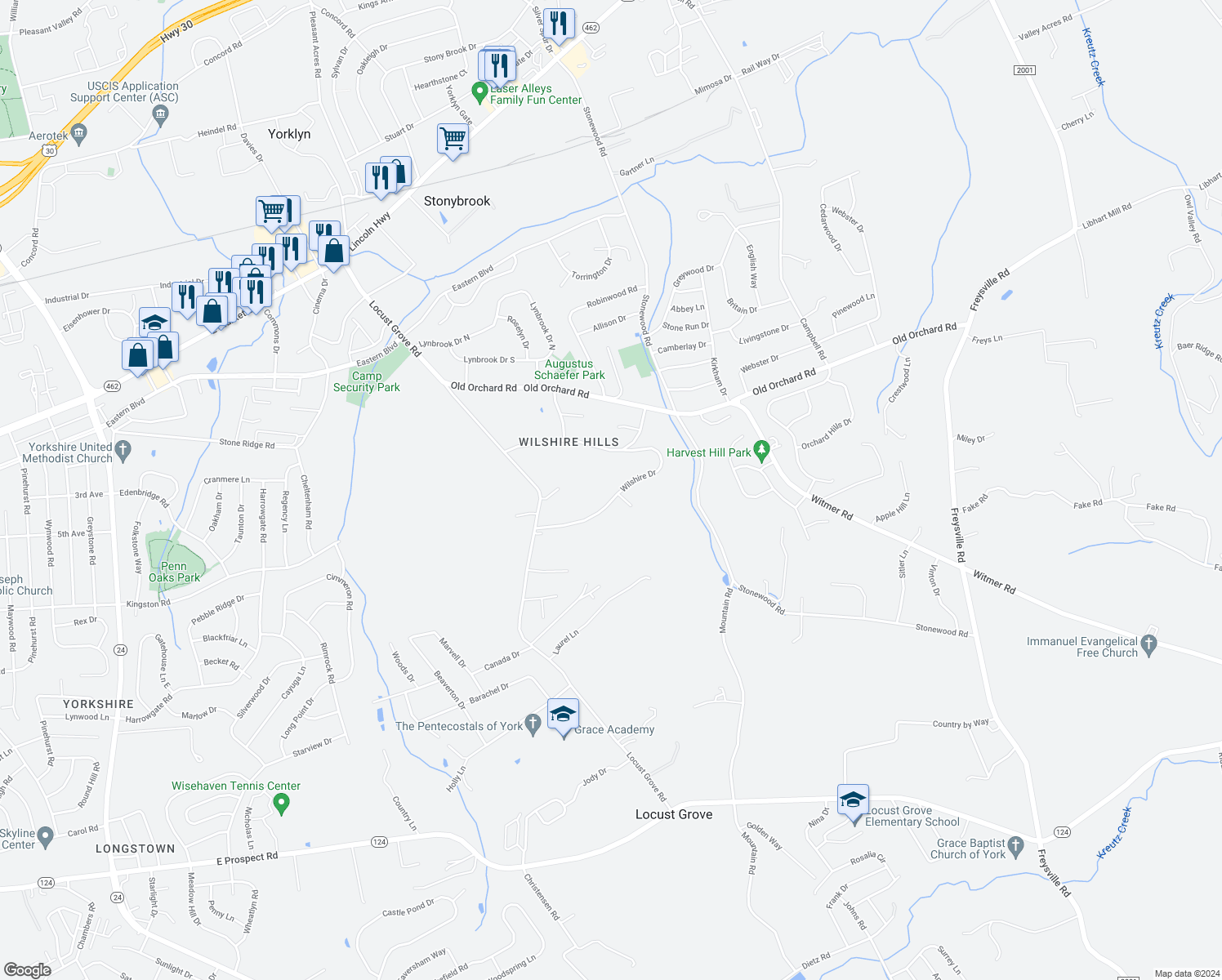 map of restaurants, bars, coffee shops, grocery stores, and more near 4138 Wilshire Drive in York