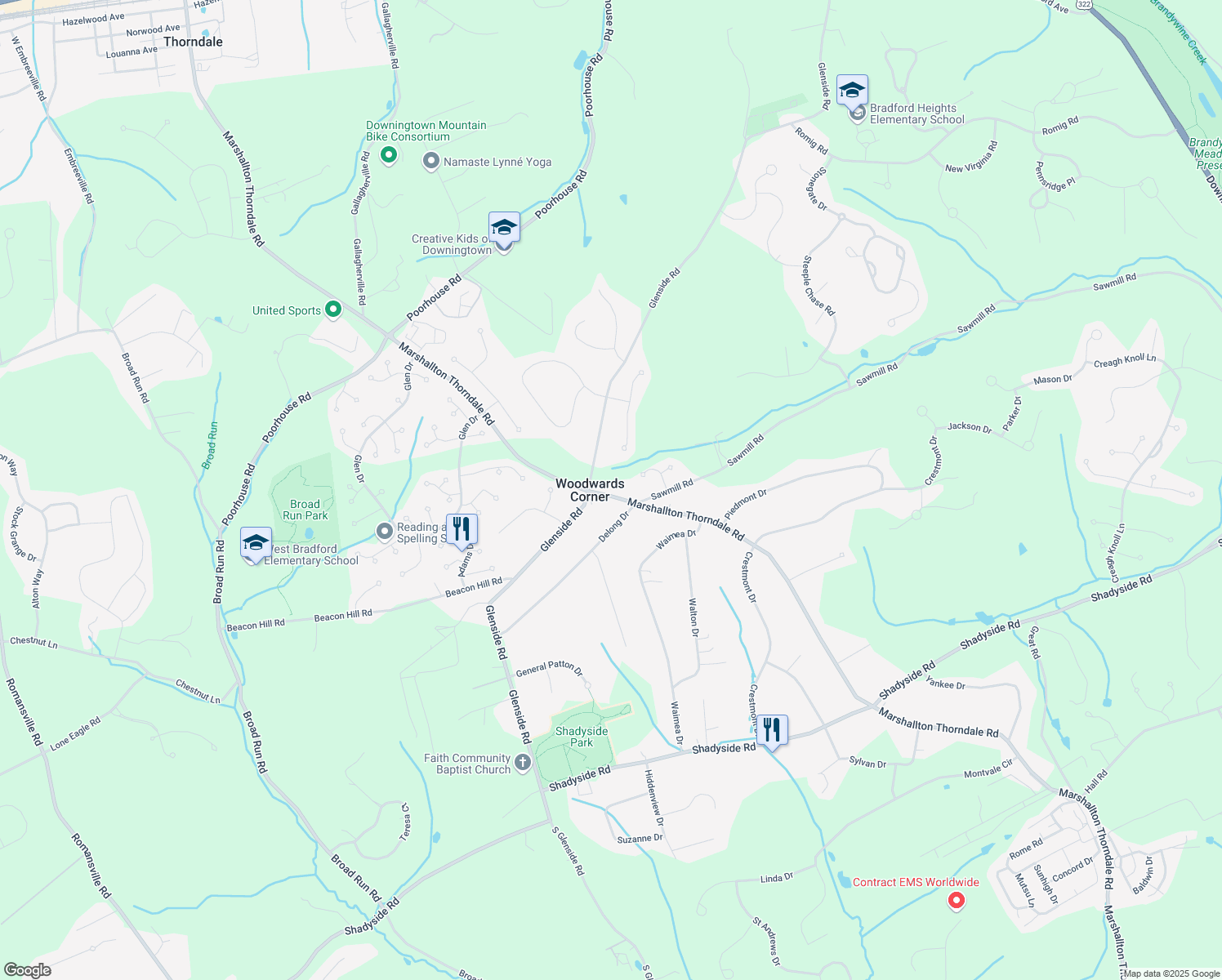 map of restaurants, bars, coffee shops, grocery stores, and more near 1309 Marshallton Thorndale Road in Downingtown