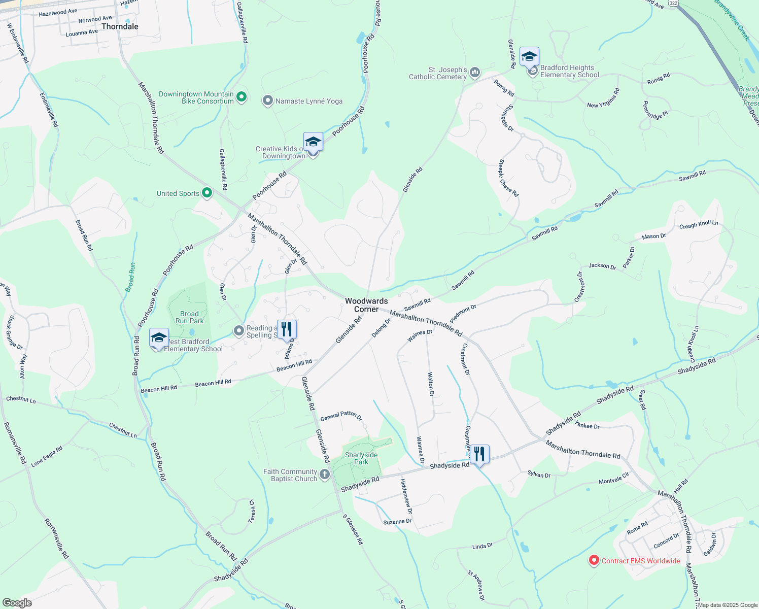 map of restaurants, bars, coffee shops, grocery stores, and more near 1309 Marshallton Thorndale Road in Downingtown
