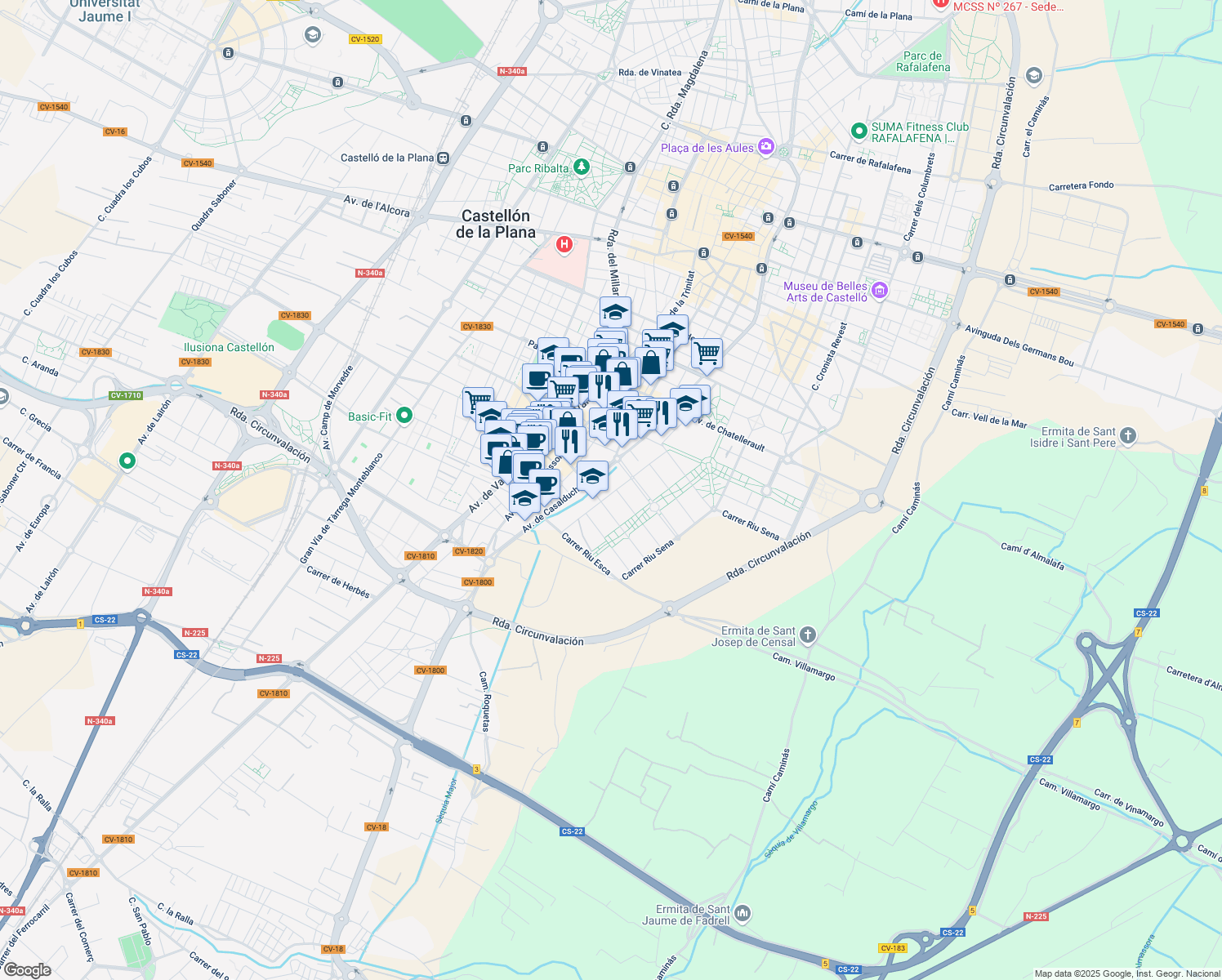 map of restaurants, bars, coffee shops, grocery stores, and more near 16 Carrer Riu Volga in Castelló de la Plana