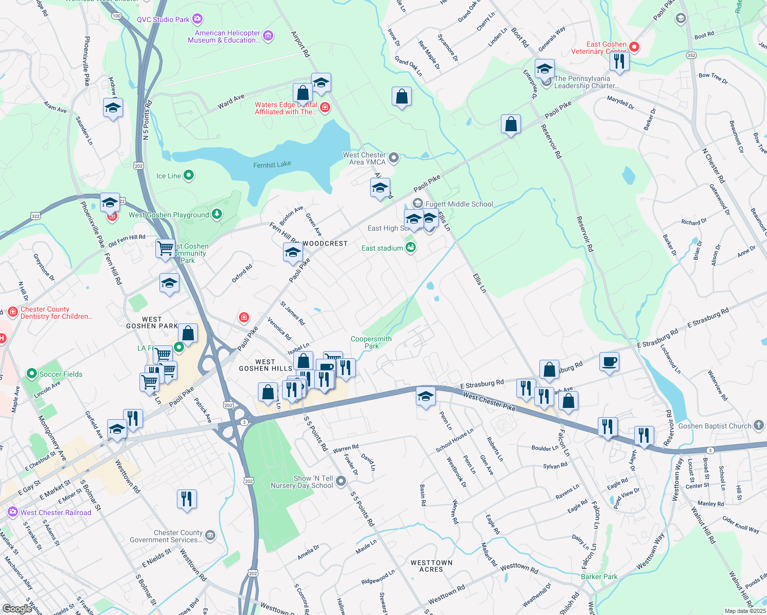 map of restaurants, bars, coffee shops, grocery stores, and more near 1214 Farmington Lane in West Chester