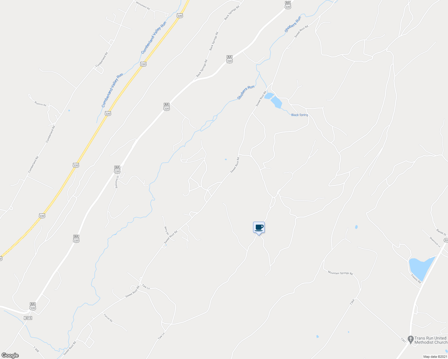 map of restaurants, bars, coffee shops, grocery stores, and more near Sweet Root Road in Bedford