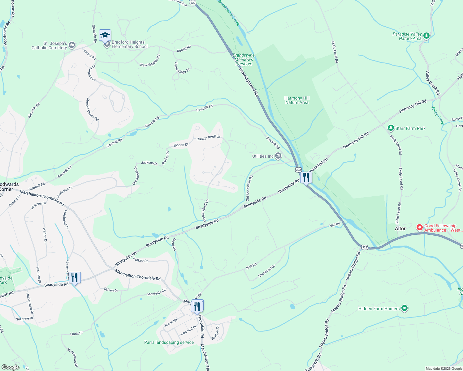 map of restaurants, bars, coffee shops, grocery stores, and more near 1131 Delaware Lane in Chester County