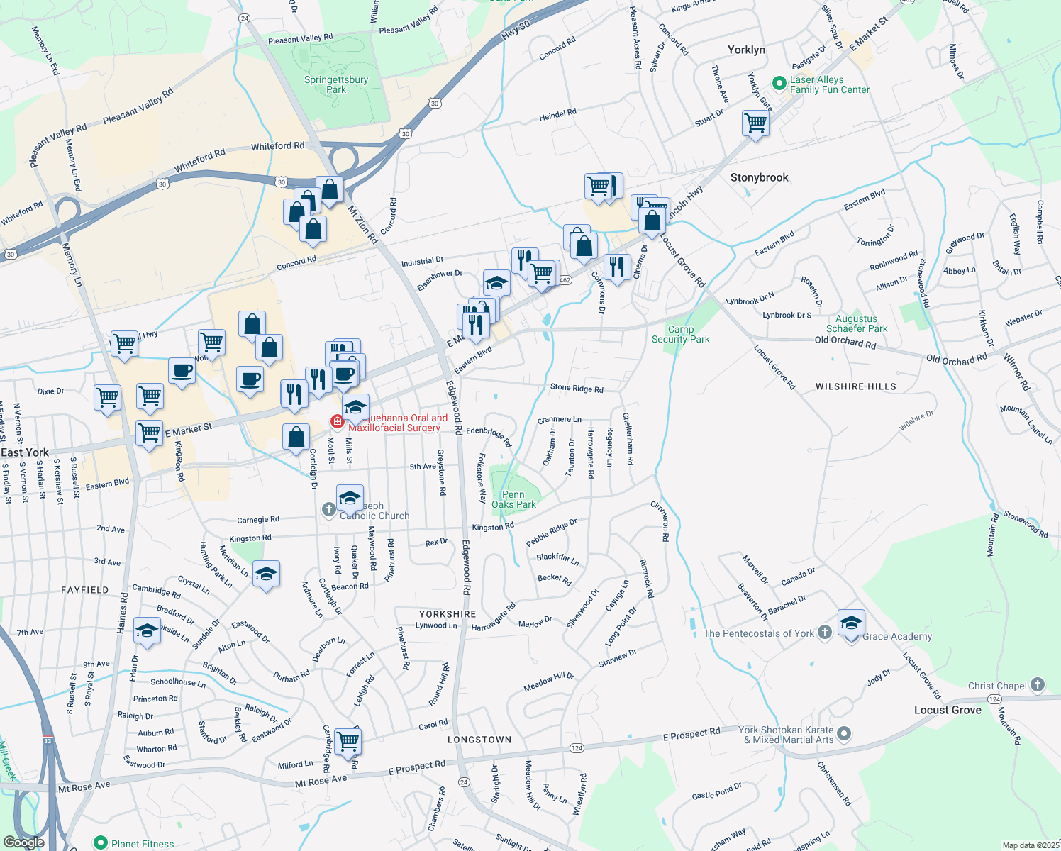 map of restaurants, bars, coffee shops, grocery stores, and more near 3370 Cranmere Lane in York