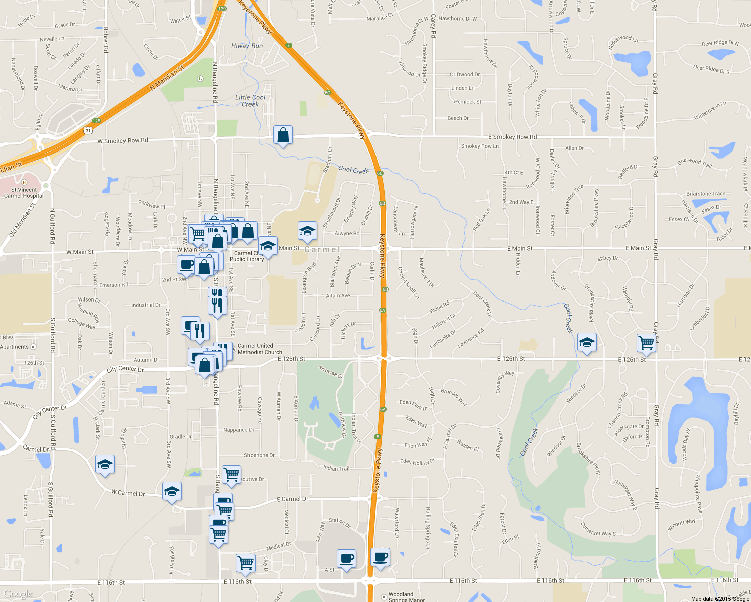 map of restaurants, bars, coffee shops, grocery stores, and more near 795 Altam Avenue in Carmel