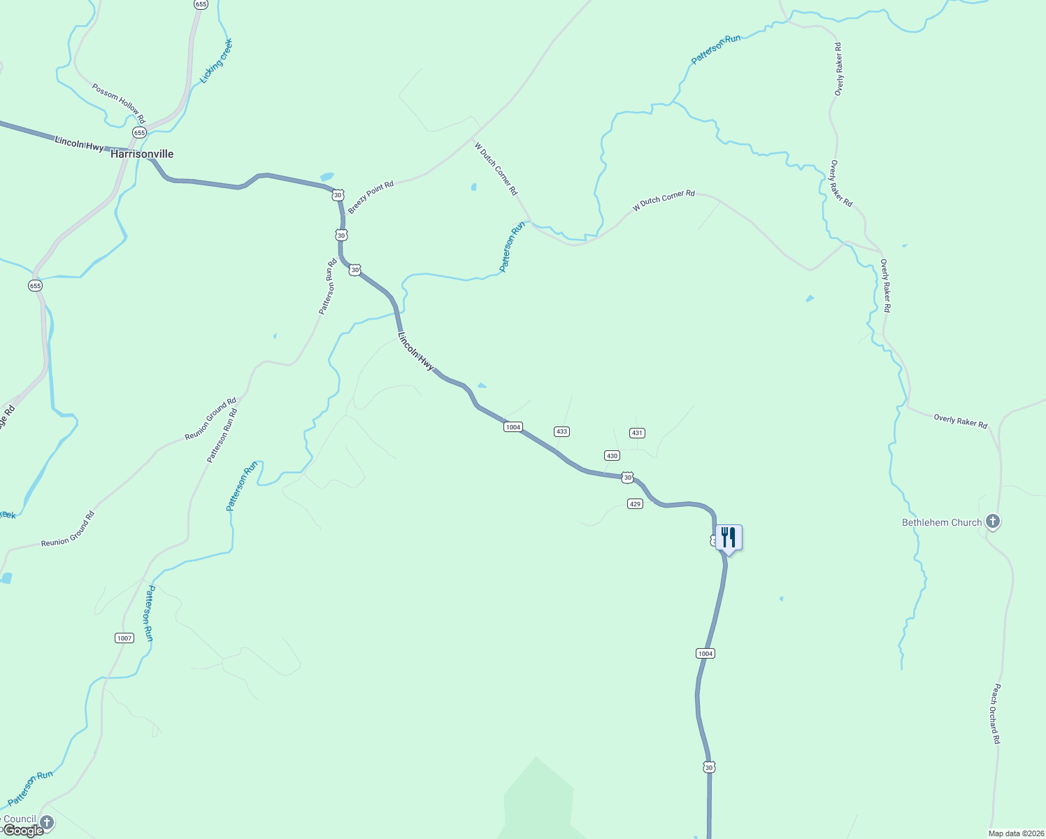 map of restaurants, bars, coffee shops, grocery stores, and more near 10559 Lincoln Highway in McConnellsburg
