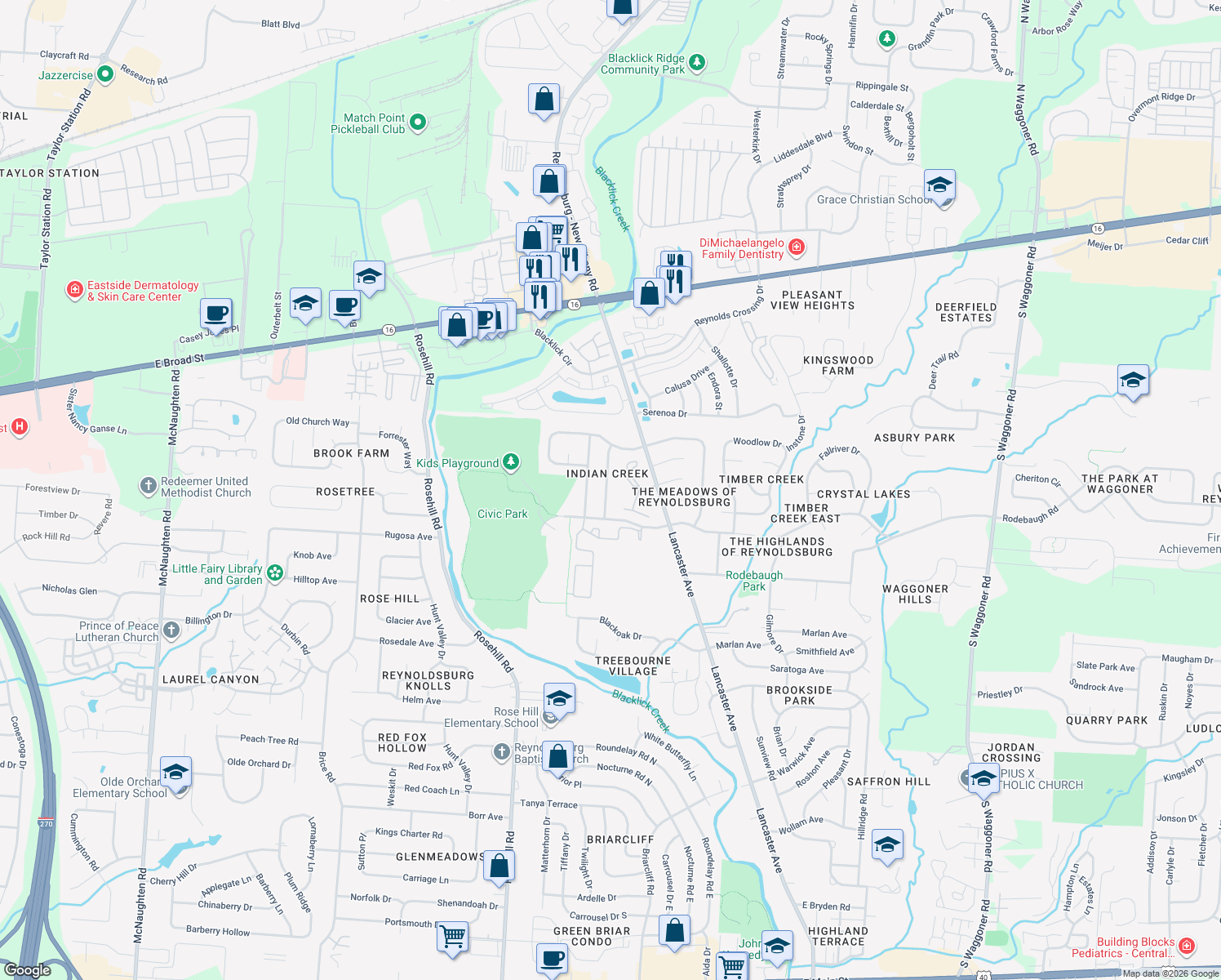 map of restaurants, bars, coffee shops, grocery stores, and more near 378 Trailblazer Ln in Reynoldsburg