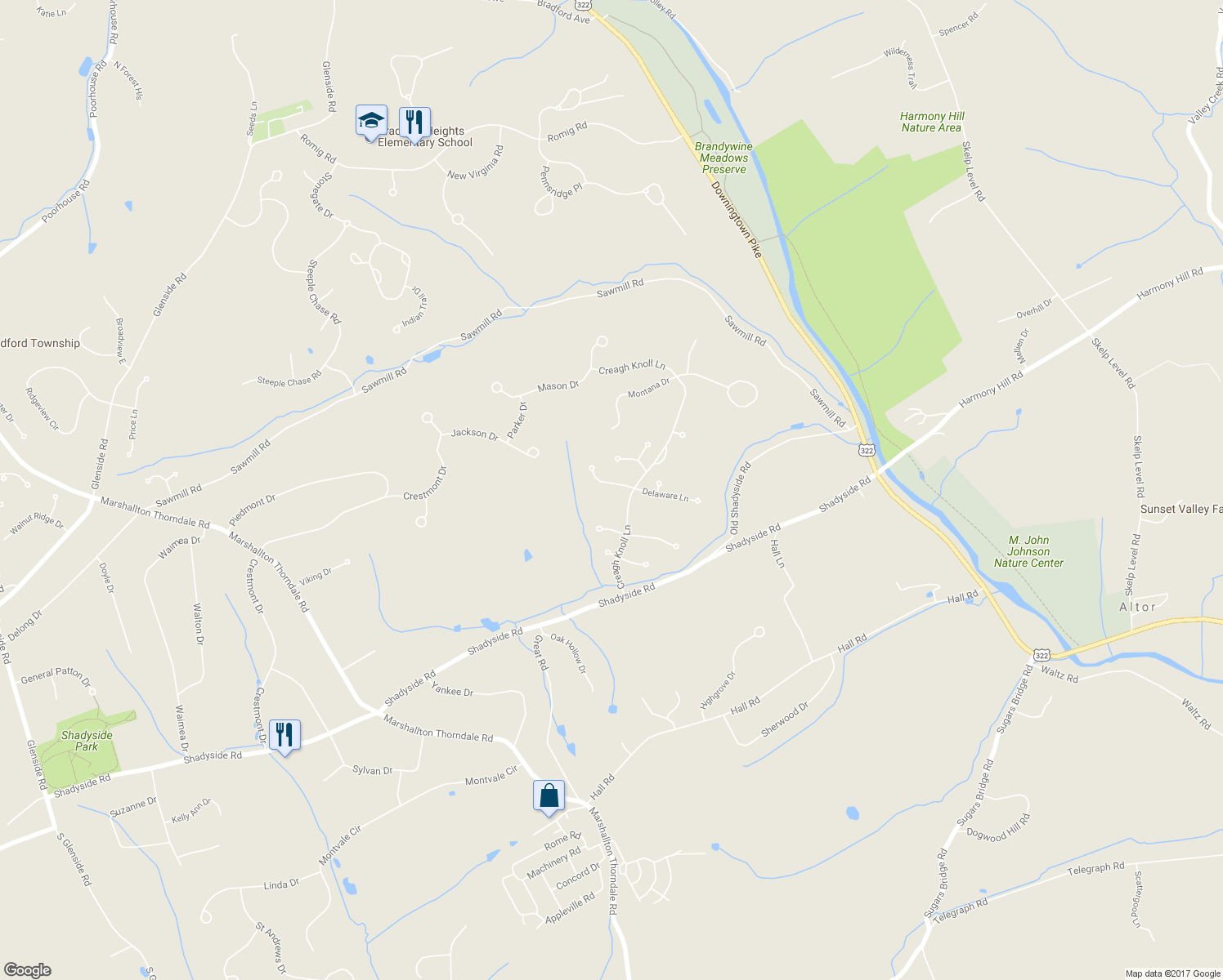 map of restaurants, bars, coffee shops, grocery stores, and more near 1212 Delaware Lane in Downingtown