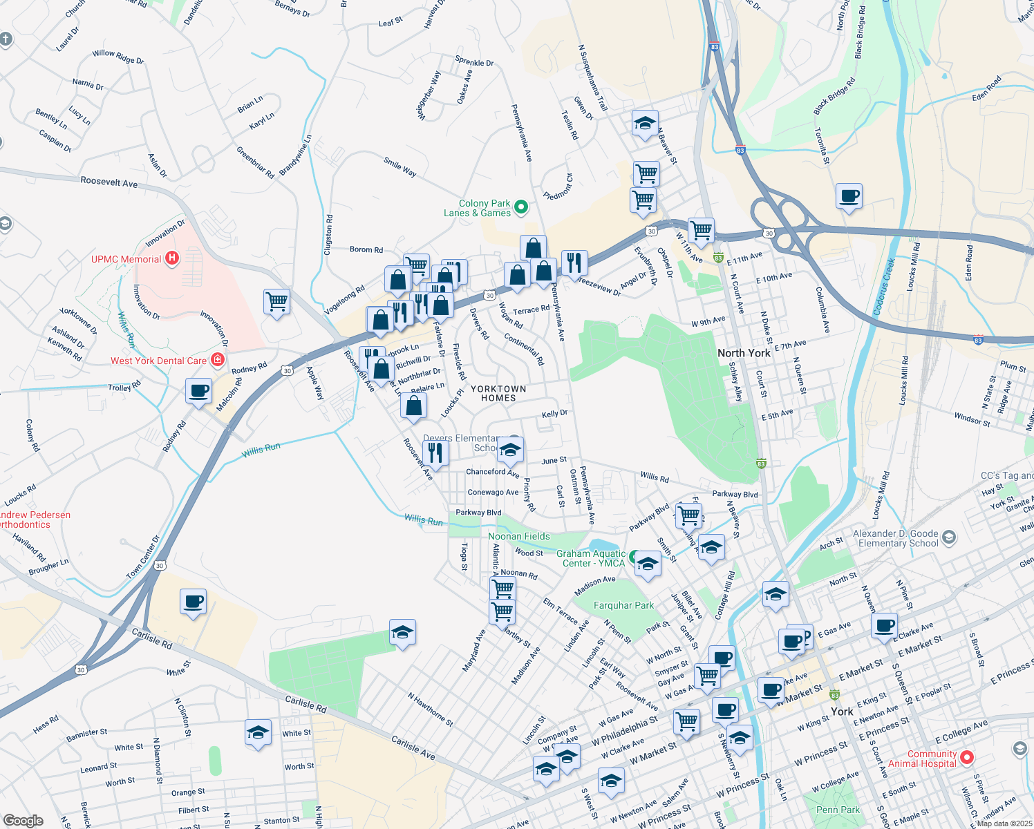 map of restaurants, bars, coffee shops, grocery stores, and more near 759 Kelly Dr in York