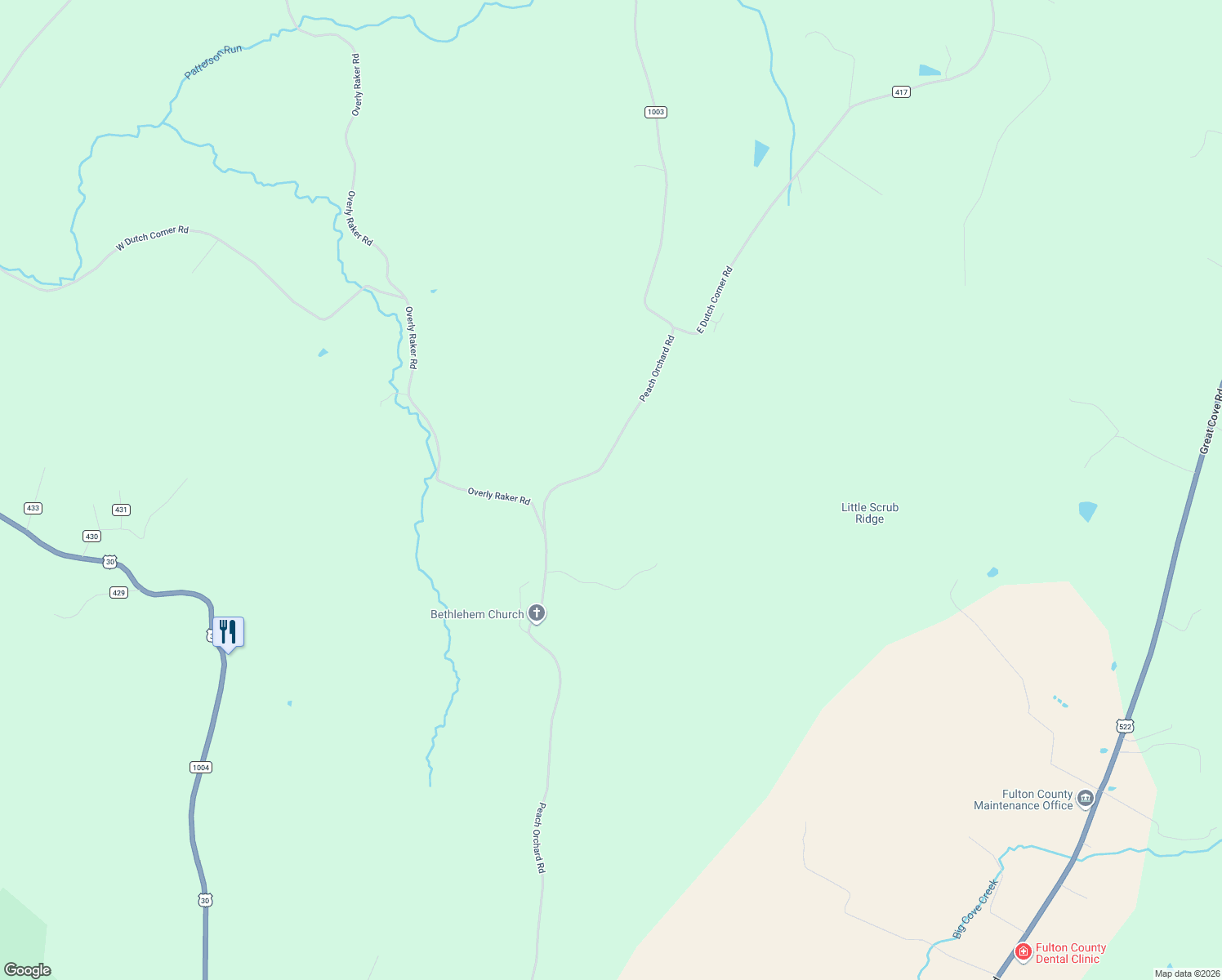 map of restaurants, bars, coffee shops, grocery stores, and more near 3014 Peach Orchard Road in McConnellsburg