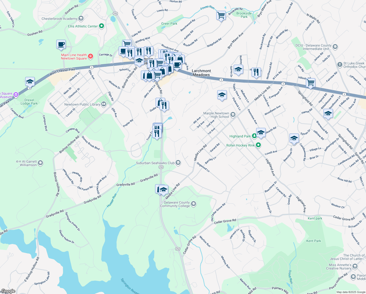 map of restaurants, bars, coffee shops, grocery stores, and more near 3527 Muirwood Drive in Newtown Square