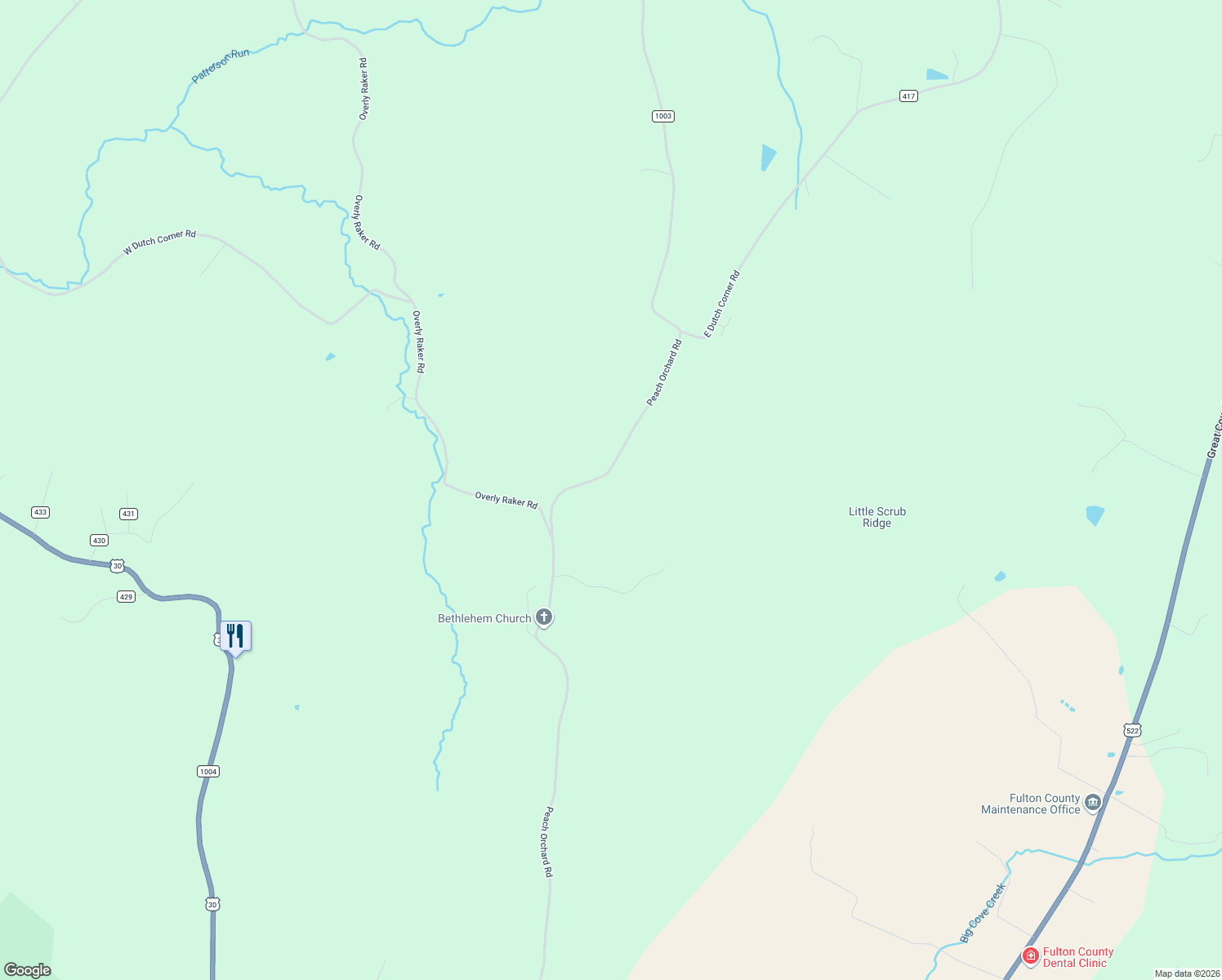map of restaurants, bars, coffee shops, grocery stores, and more near 3014 Peach Orchard Road in McConnellsburg