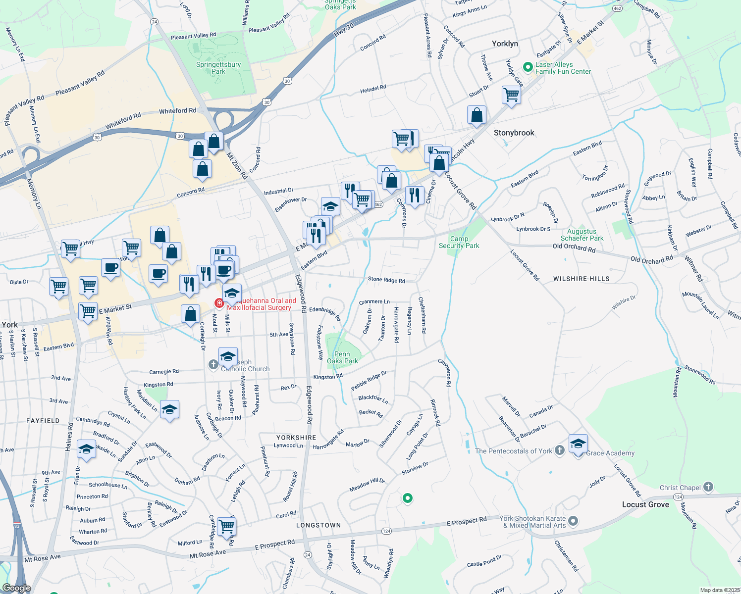 map of restaurants, bars, coffee shops, grocery stores, and more near 3425 Cranmere Lane in York