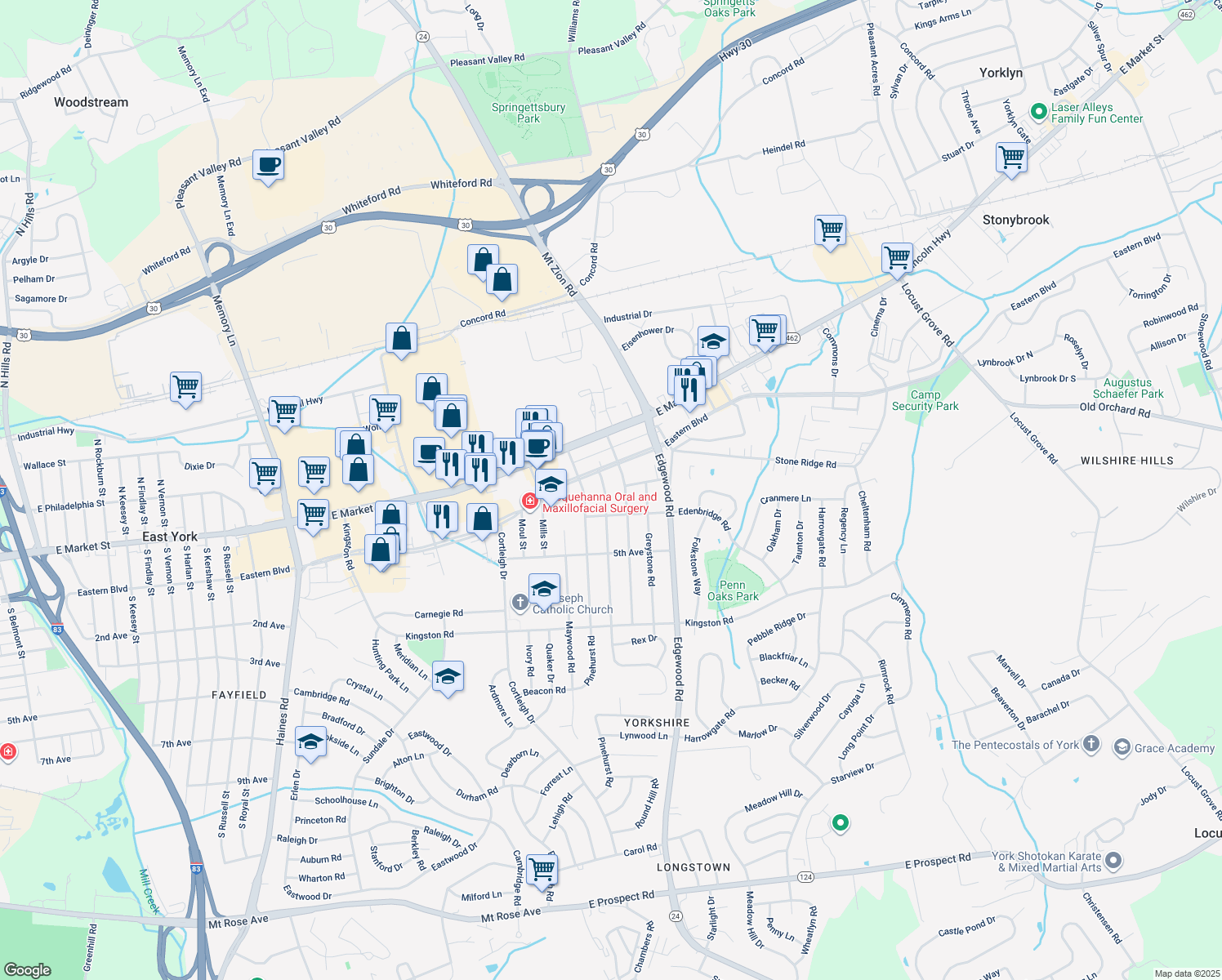 map of restaurants, bars, coffee shops, grocery stores, and more near 105 Wynwood Road in York